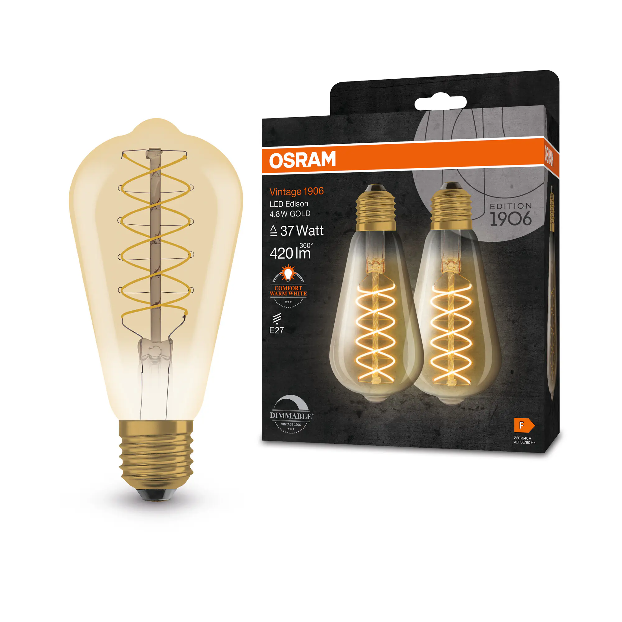 Osram LED Leuchtmittel E27 2er Pack Vintage Edison 4,8W Gold dimmbar warmweiß Osram LED Leuchtmittel E27 2er Pack Vintage Edison 4,8W Gold dimmbar warmweiß