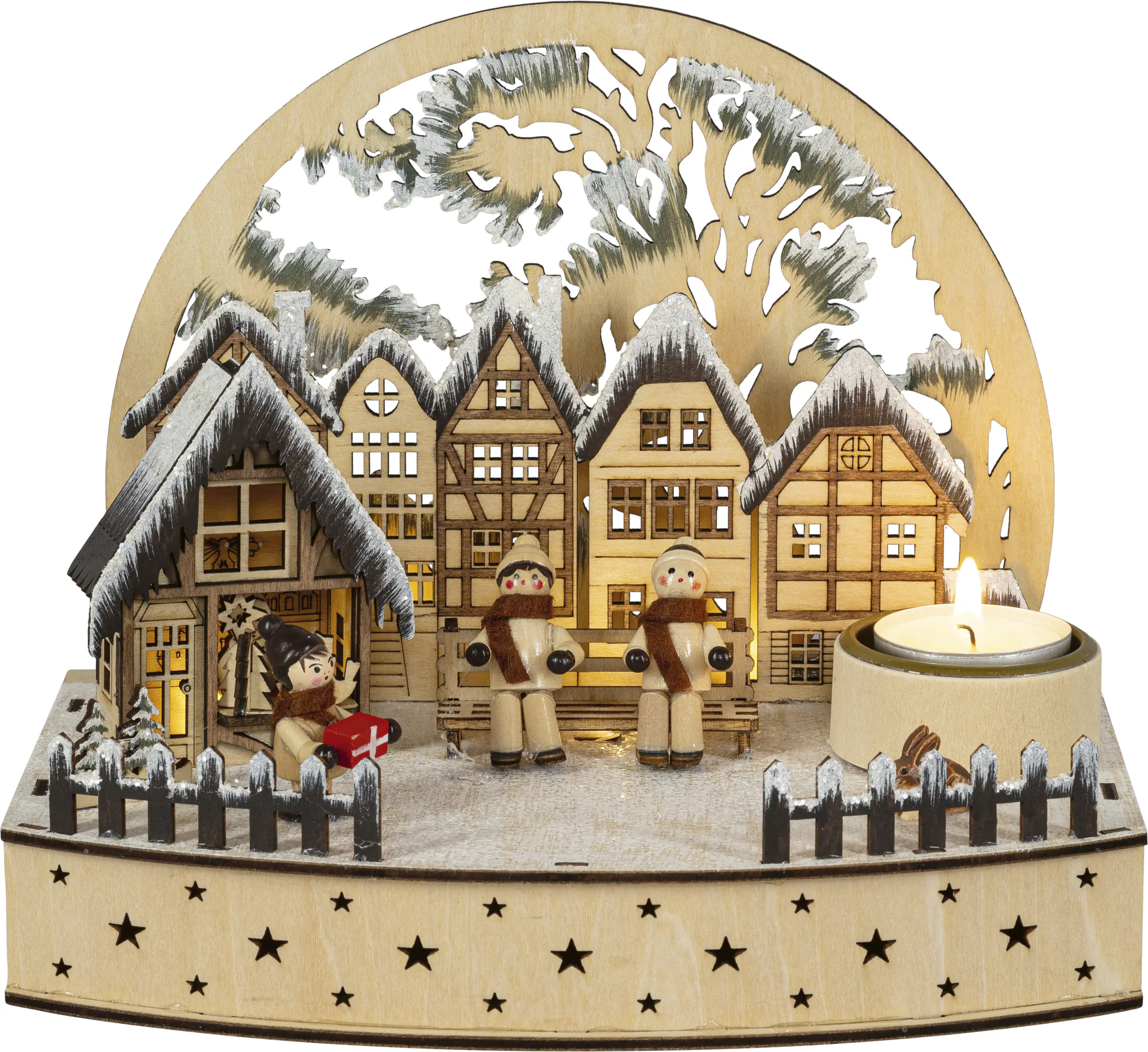 Mini-Lichterbogen LED Deko Holz Winterkinder mit Teelichthalter 22 cm warmweiß