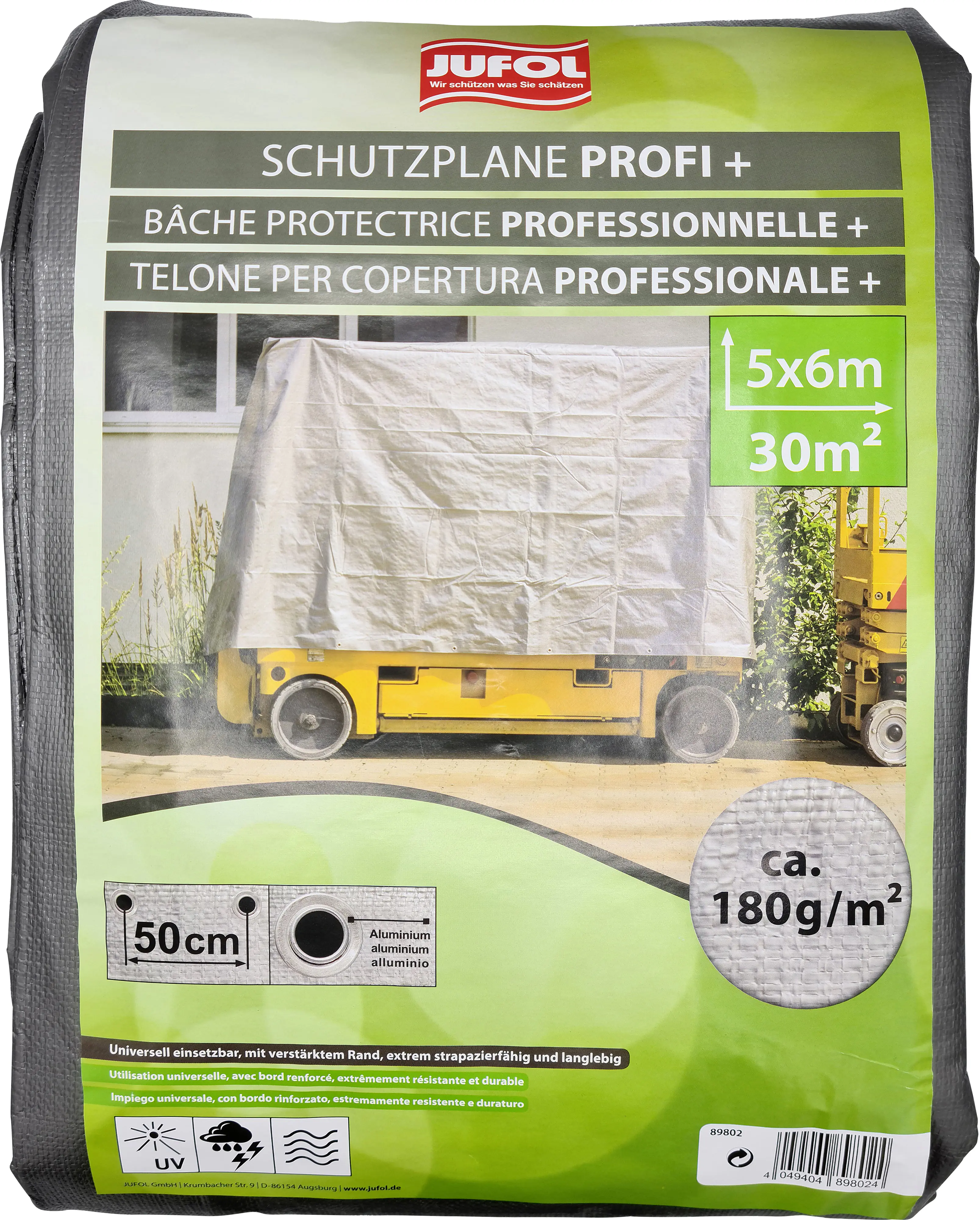Jufol Abdeckplane für Anhänger 5 x 6 m = 30 m² - 180g/m² silber-grün