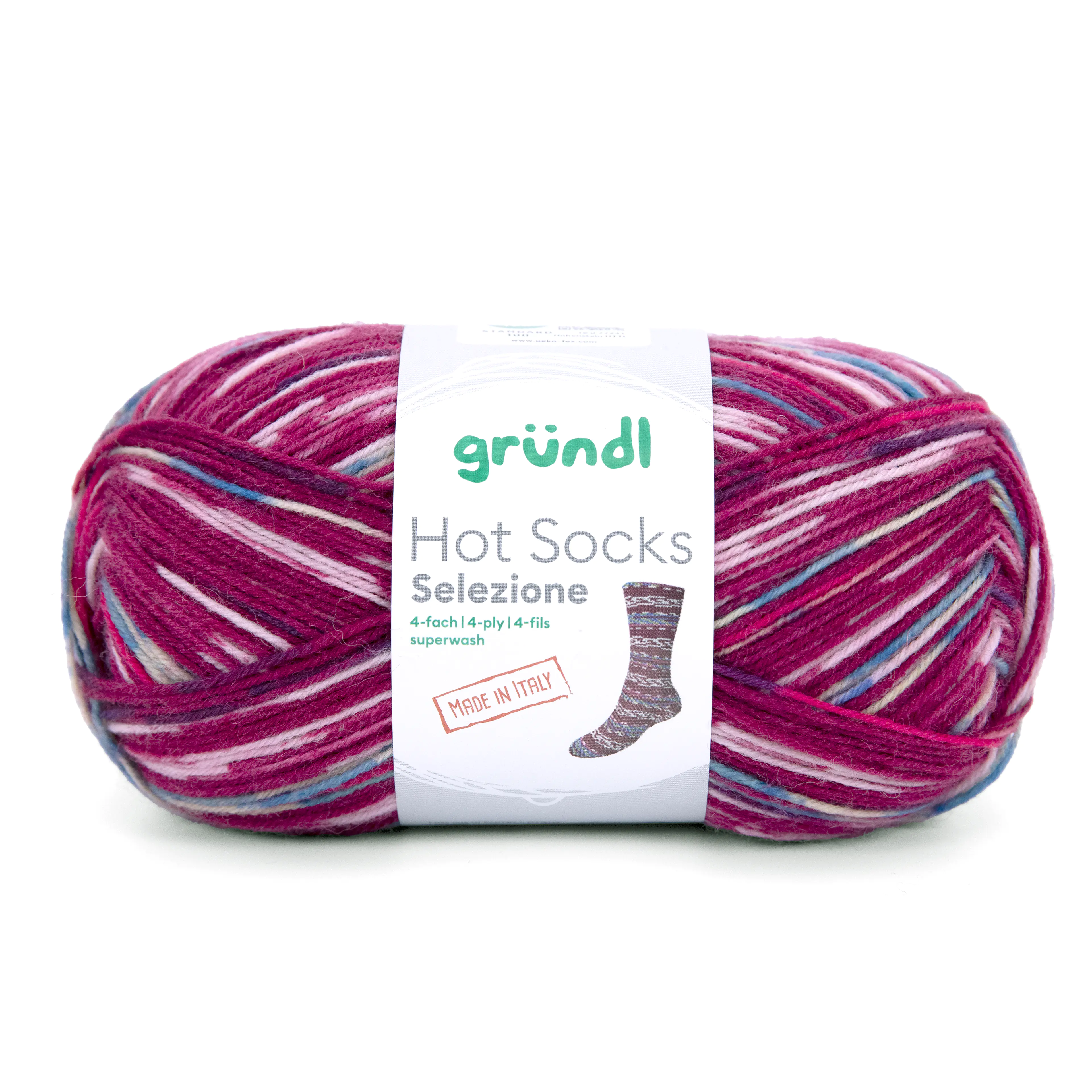 Gründl Sockenwolle Hot Socks 100 g 4-fach, merlotrot-weißgrün-türkis