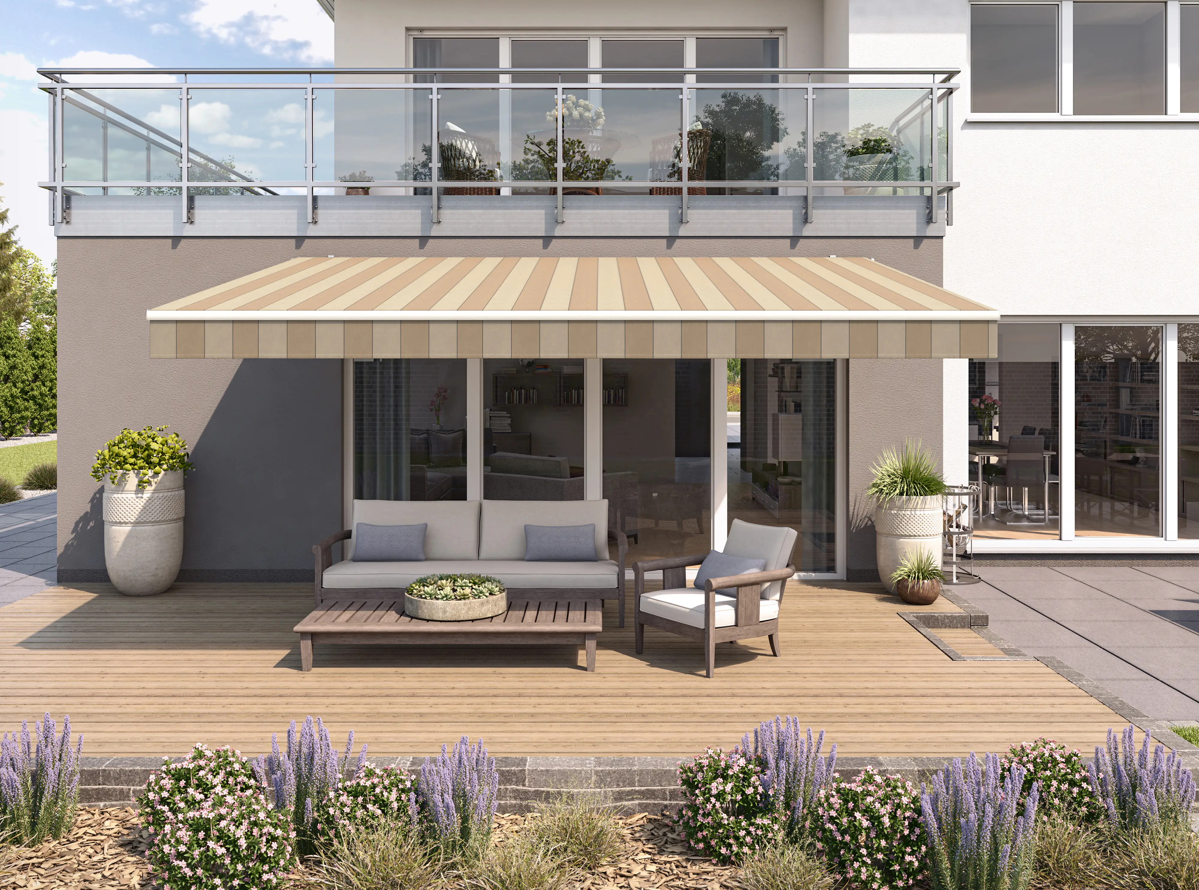 Gelenkarmmarkise Classic beige gestreift inkl. Motor, Handsender, Solar Panel