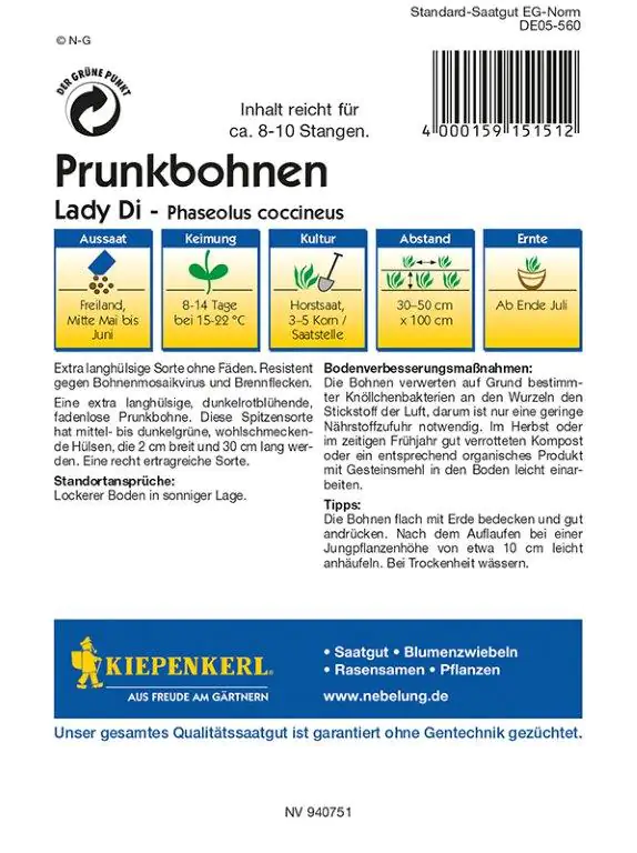 Kiepenkerl Profi-Line Prunkbohnen Lady Di Phaseolus coccineus, Inhalt: 8-10 Stangen