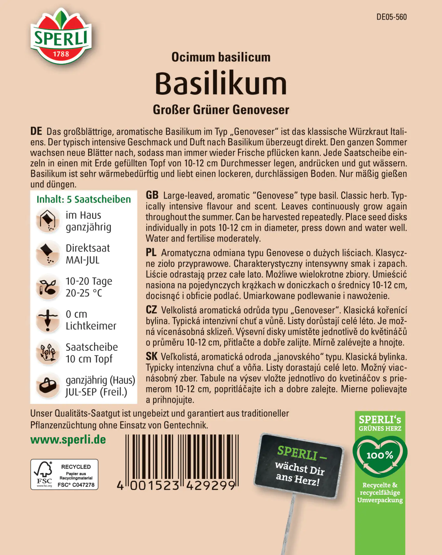 Sperli Basilikum Grosses Grünes Genoveser Saatscheibe Sperli Basilikum Grosses Grünes Genoveser Saatscheibe