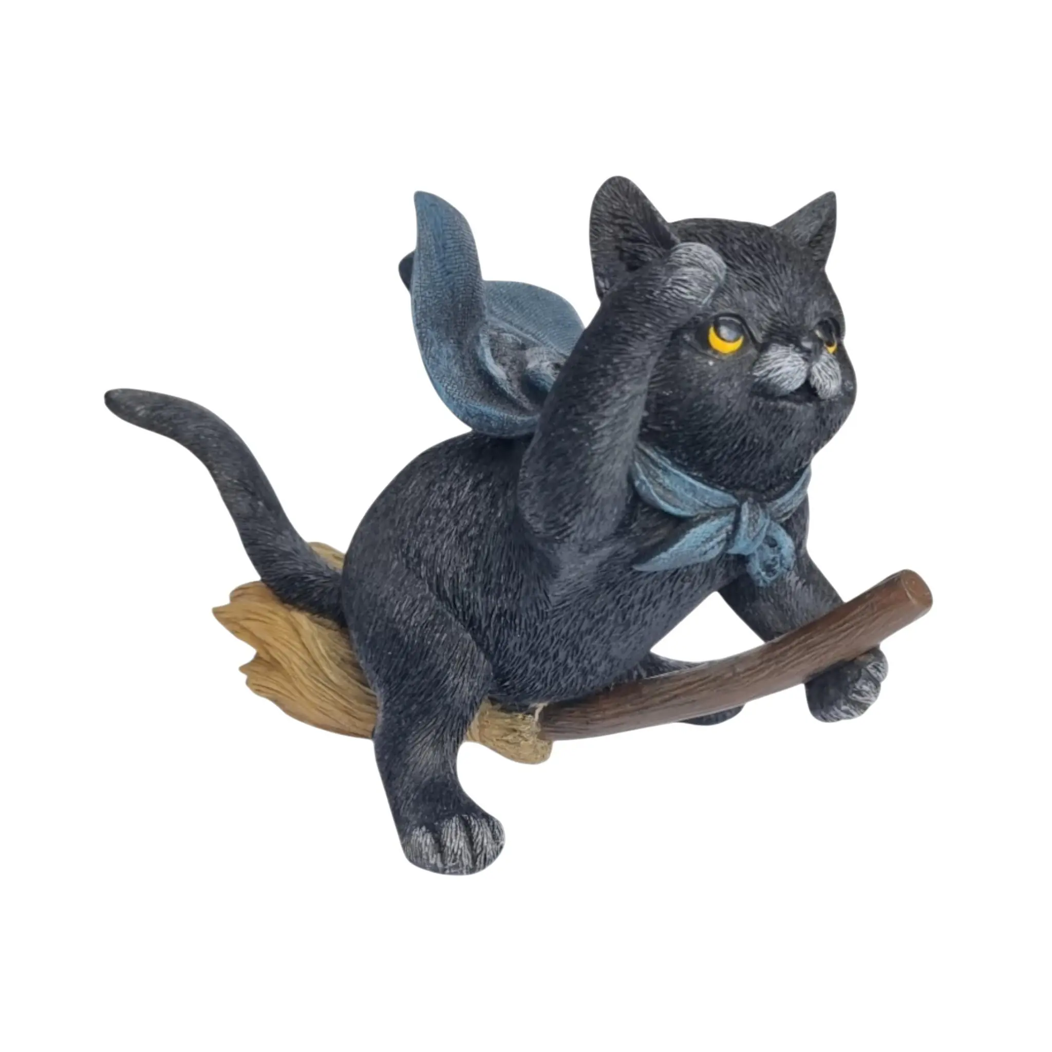 Dekofigur Katze auf Besen 16 x 21,5 cm dunkelgrau/blau