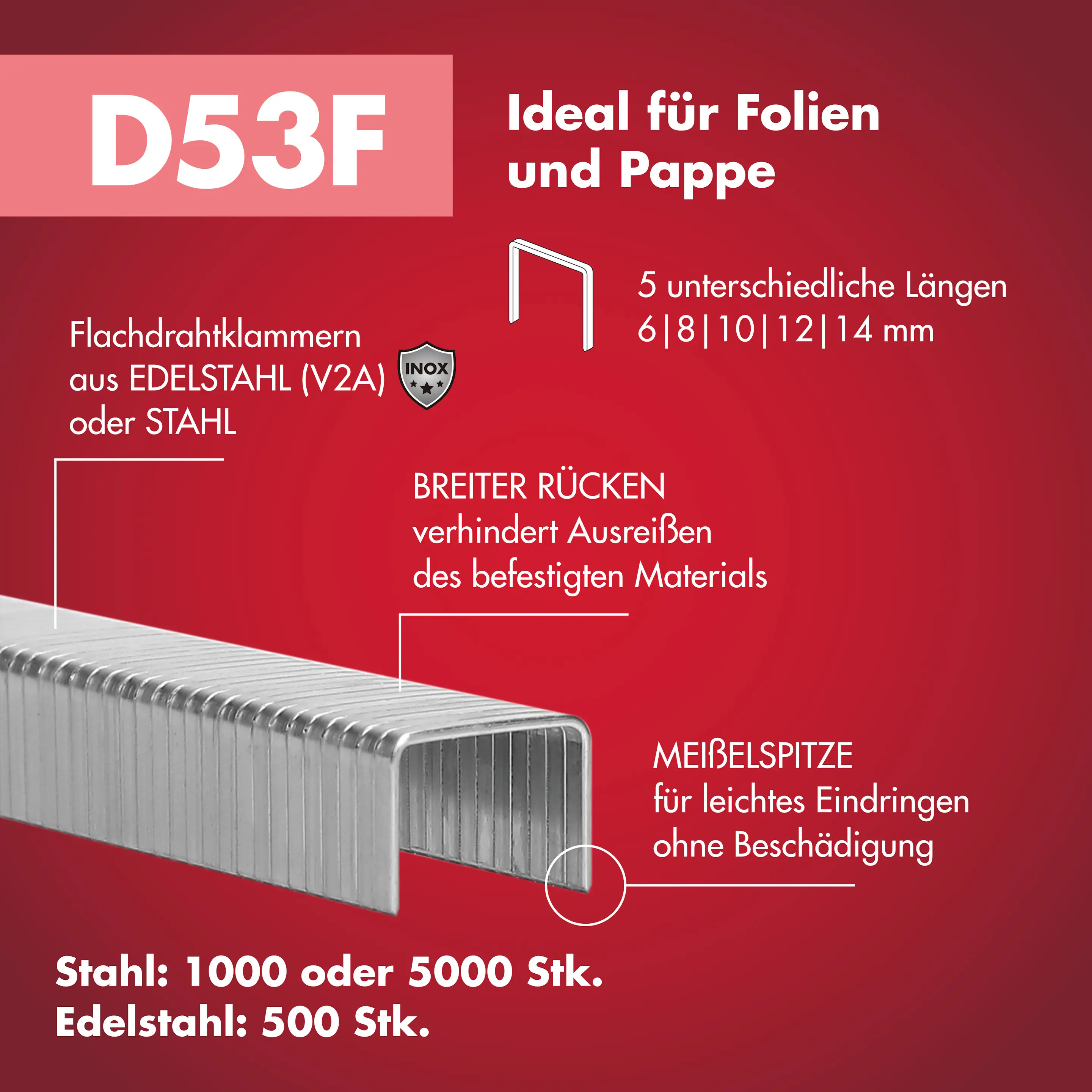 Arrow Tackerklammer Flachtdraht D53F 12 mm Folie 1000 Stück