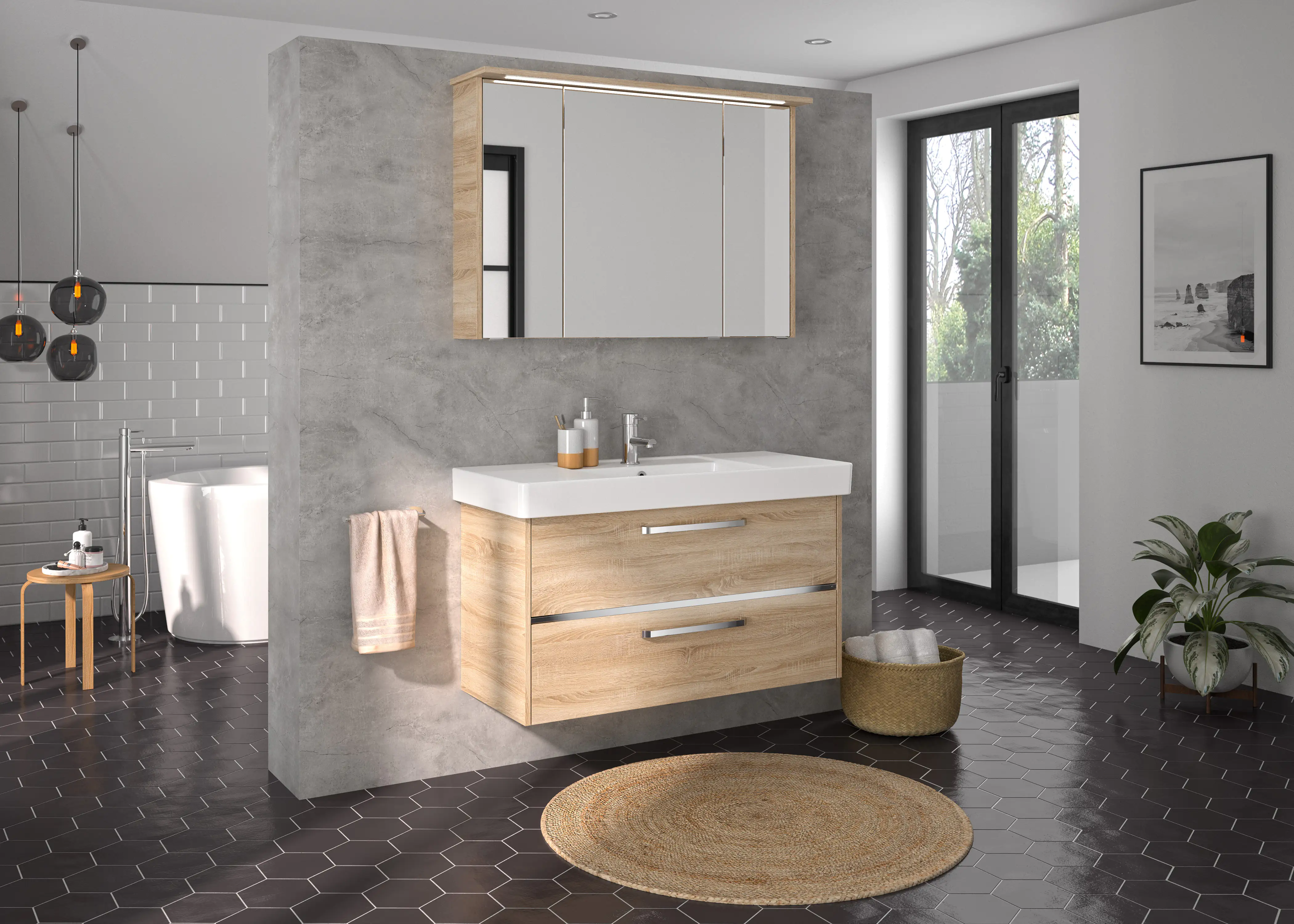 Primaster Badmöbelset Berlin eiche 105 cm Twin LED, Keramikwaschtisch