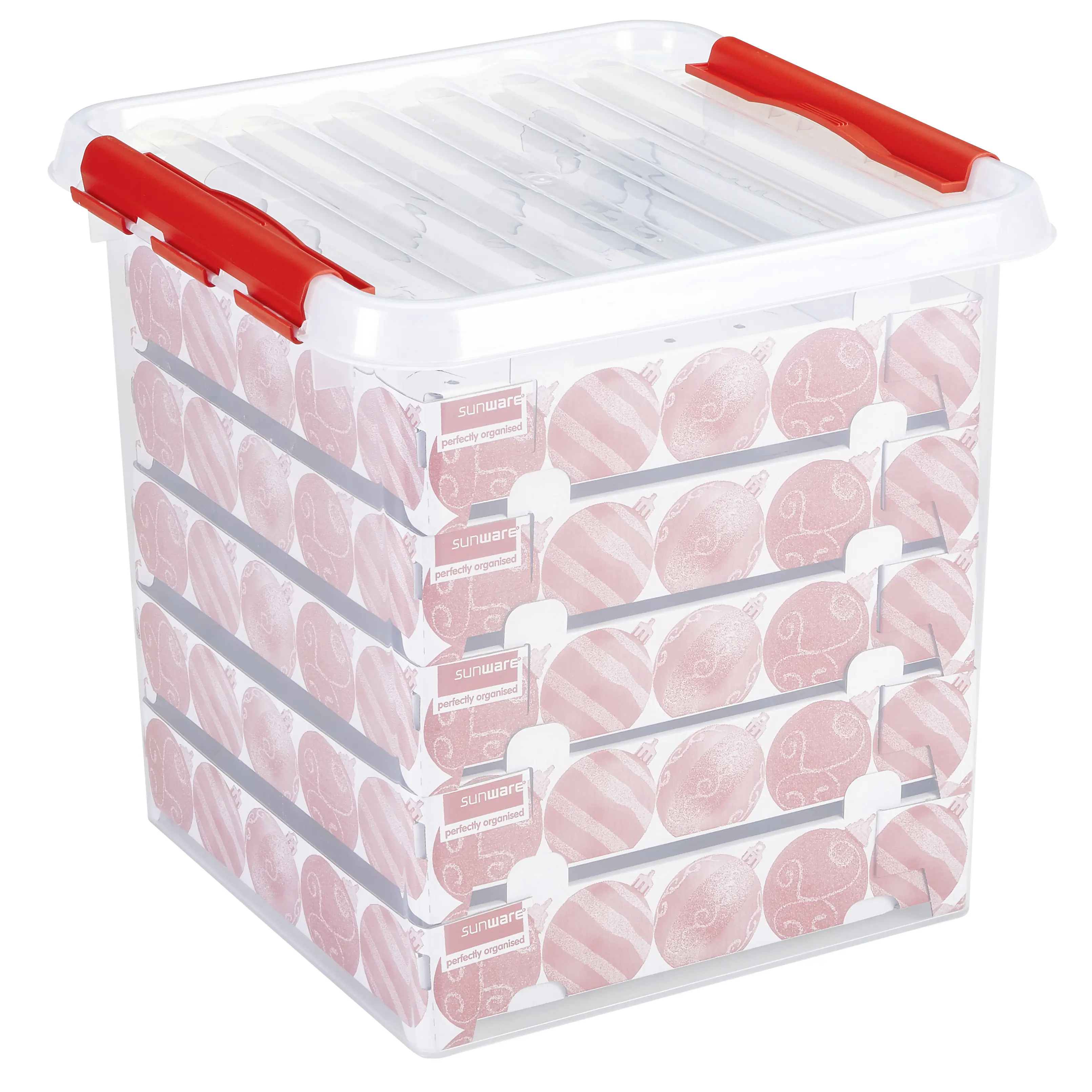 Sunware Weihnachtsbox Q-line 38L mit Einsatz für 125 Kugeln transparent rot