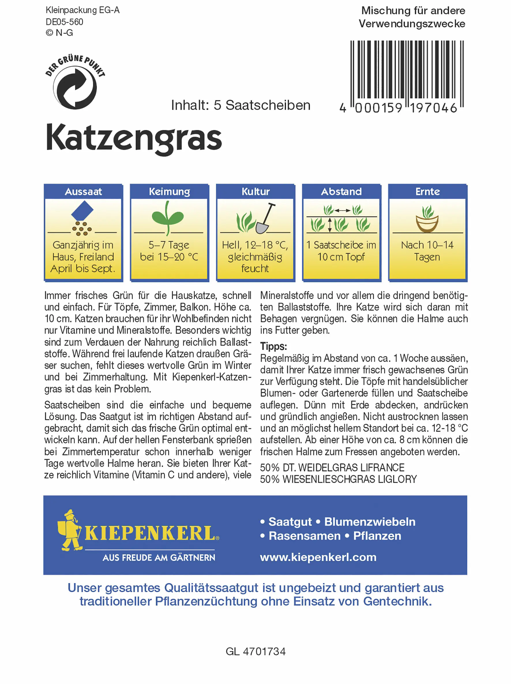 Kiepenkerl Katzengras Saatscheibe Inhalt reicht für 5 Saatscheiben