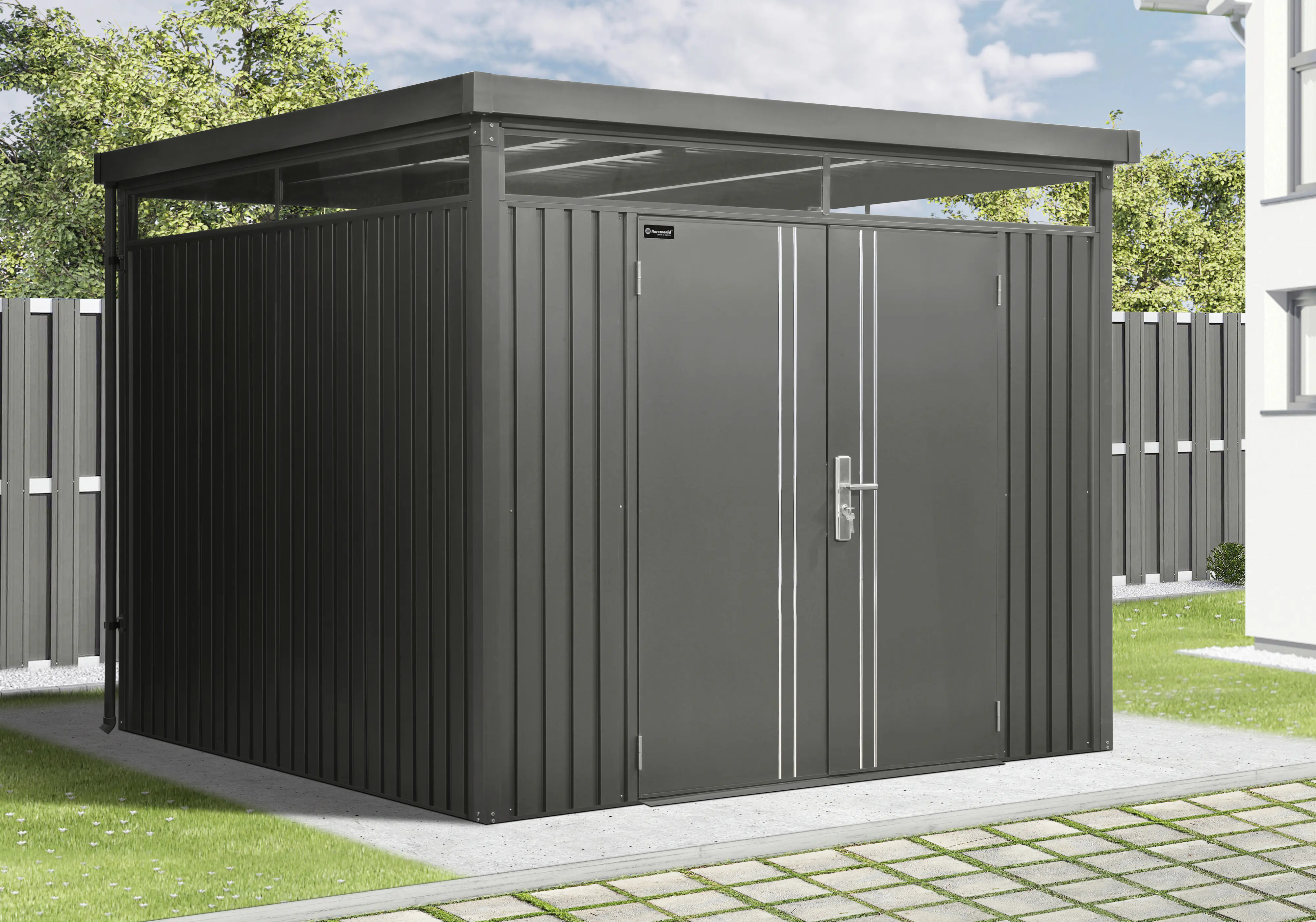 Floraworld Gerätehaus Premium Q7,5 FirstLine schwarz-mettalic 274 x 274 x 218 cm