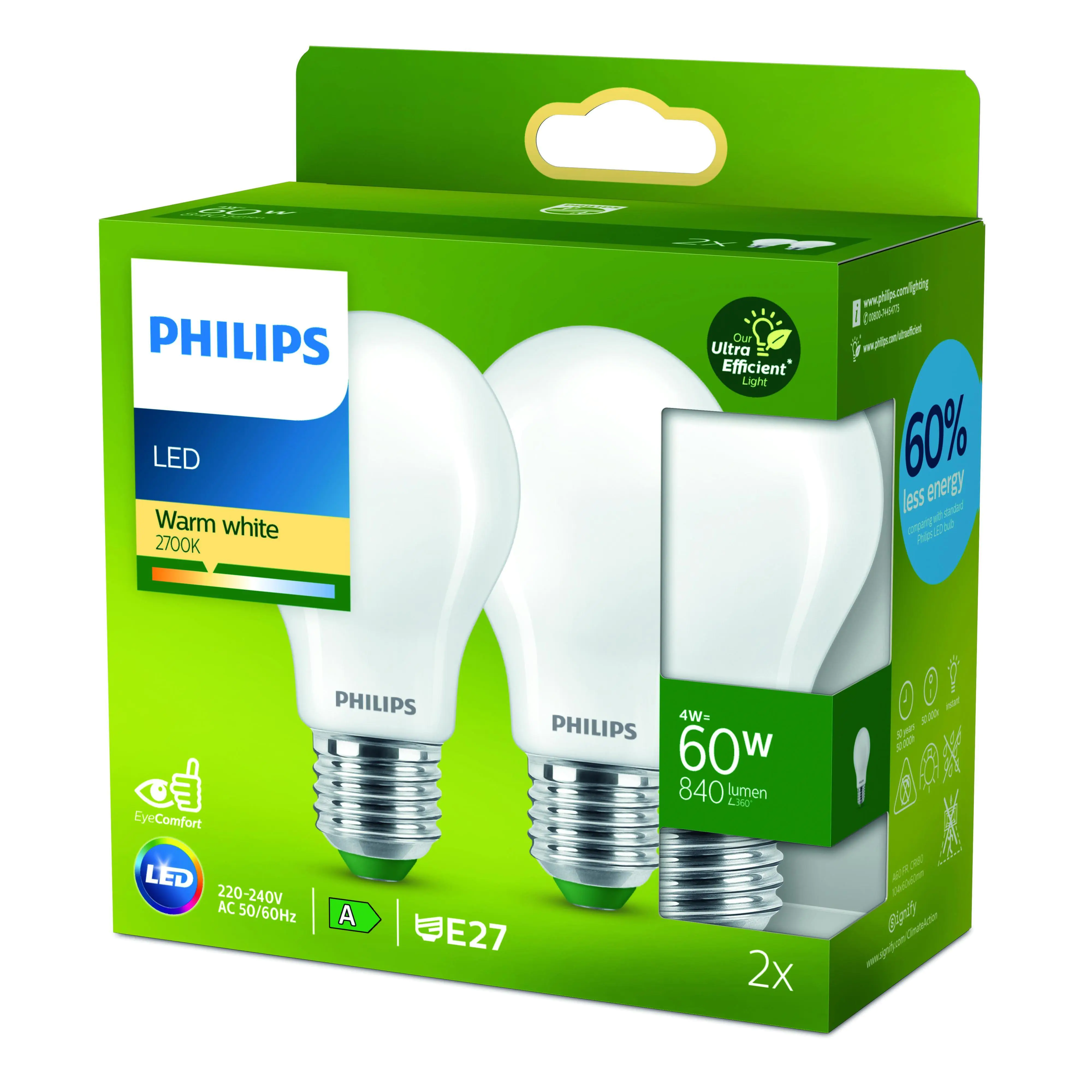 Philips LED-Leuchtmittel A60 E27 4W matt 2er Pack