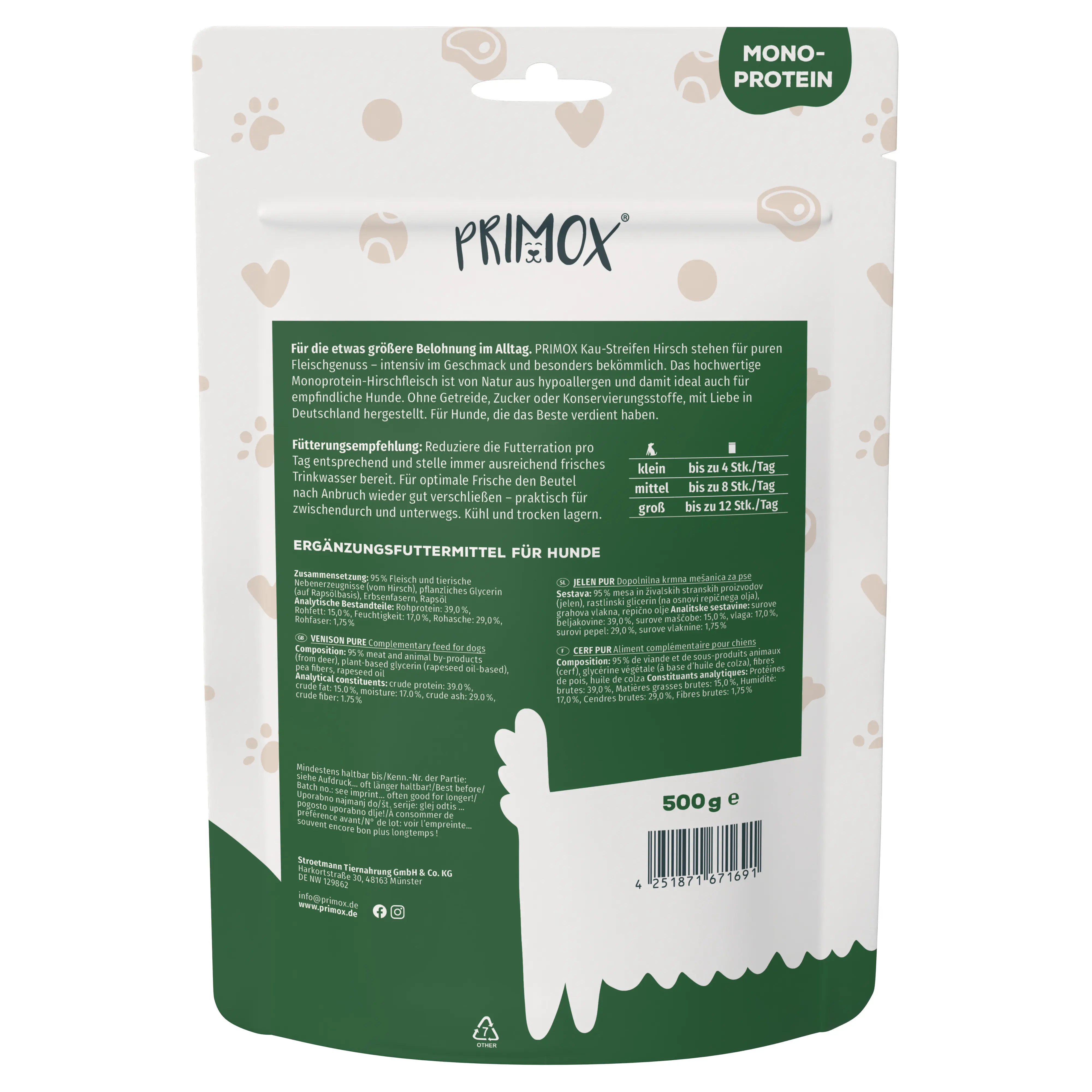 Primox Hundeleckerli Snack-Streifen getreidefrei 500 g Hirsch