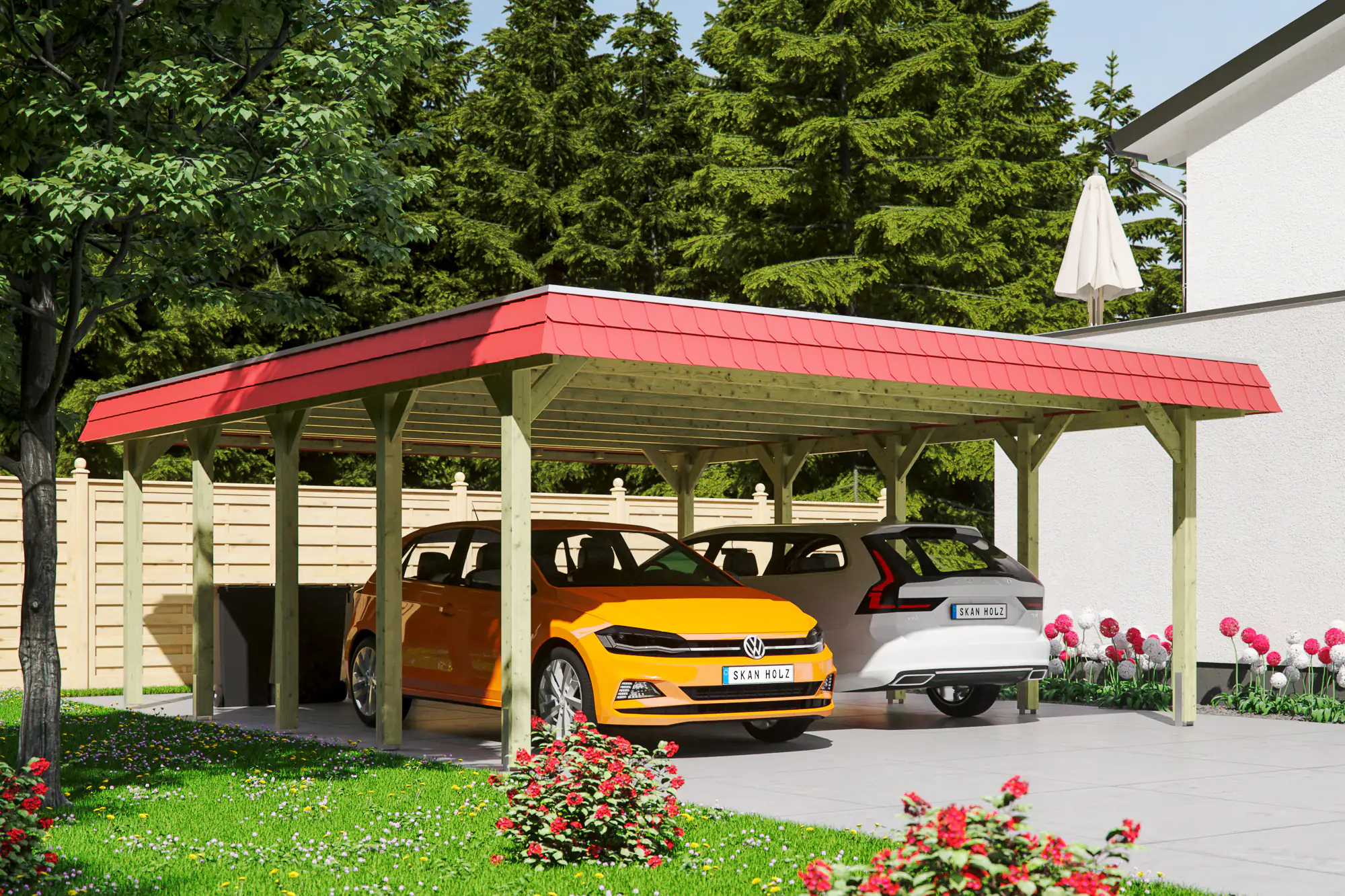 4018211034147 SKAN HOLZ Carport Spreewald 585 x 741 cm mit EPDM-Dach, rote Blende