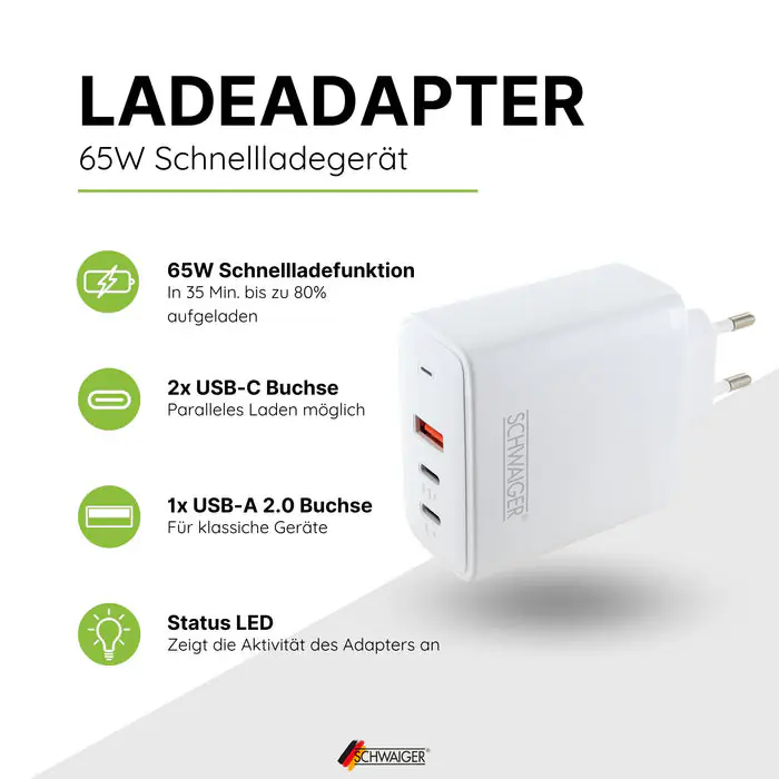 Schwaiger Schnell-Ladeadapter 65 W  2x USB C 1x USB A weiß Schwaiger Schnell-Ladeadapter 65 W  2x USB C 1x USB A weiß