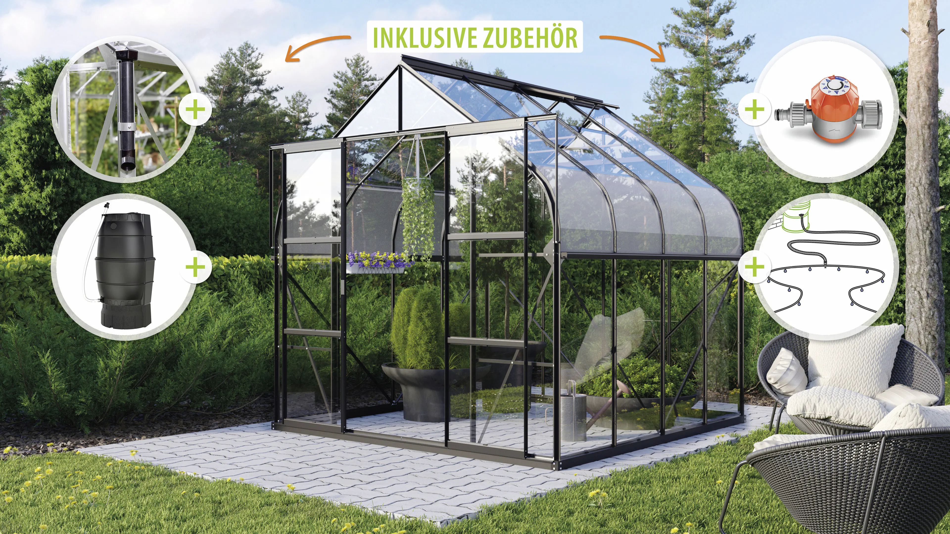 Vitavia Gewächshaus-Set Dione 6700 ESG 3 mm schwarz 254 x 254 cm 