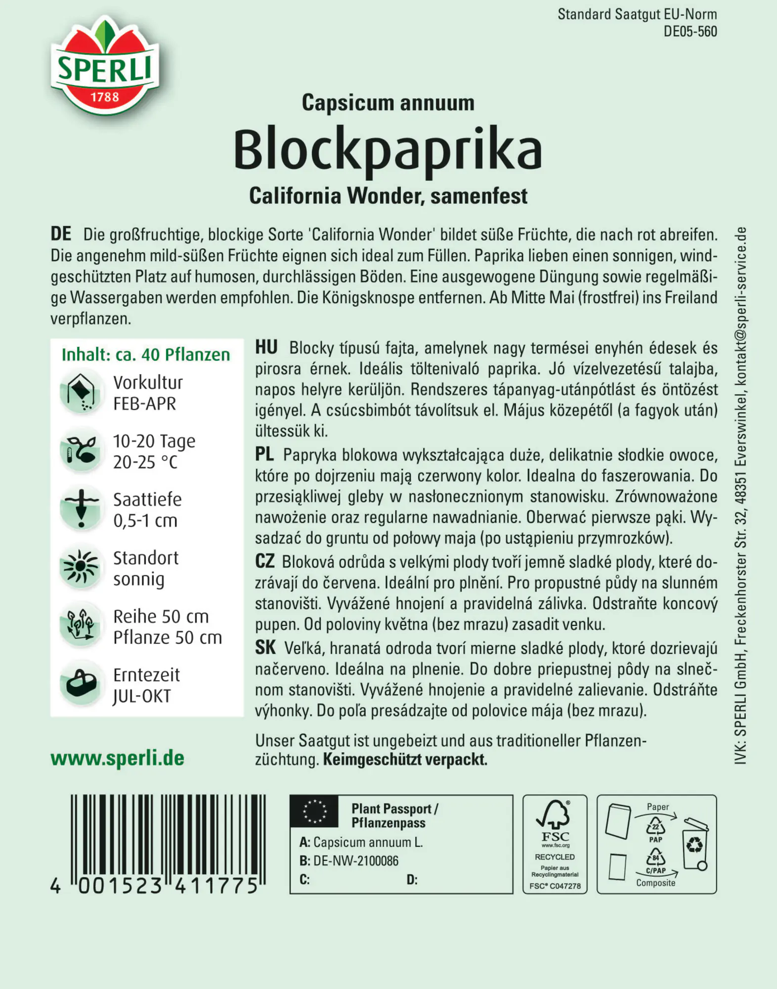 Sperli Blockpaprika California Wonder für ca. 40 Pflanzen