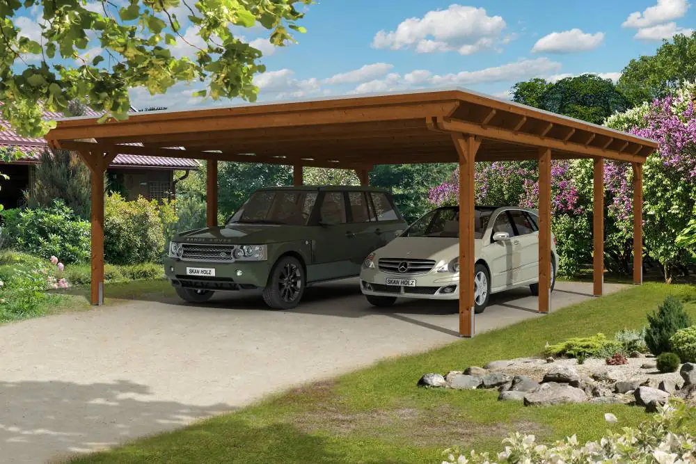 SKAN HOLZ Carport Emsland 613 x 846 cm mit EPDM-Dach, lasiert in Nussbaum SKAN HOLZ Carport Emsland 613 x 846 cm mit EPDM-Dach, lasiert in Nussbaum