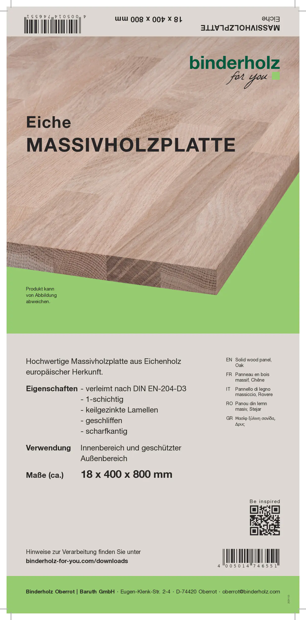 Massivholzplatte Eiche 80 x 40 cm 18 mm Oberfläche geschliffen
