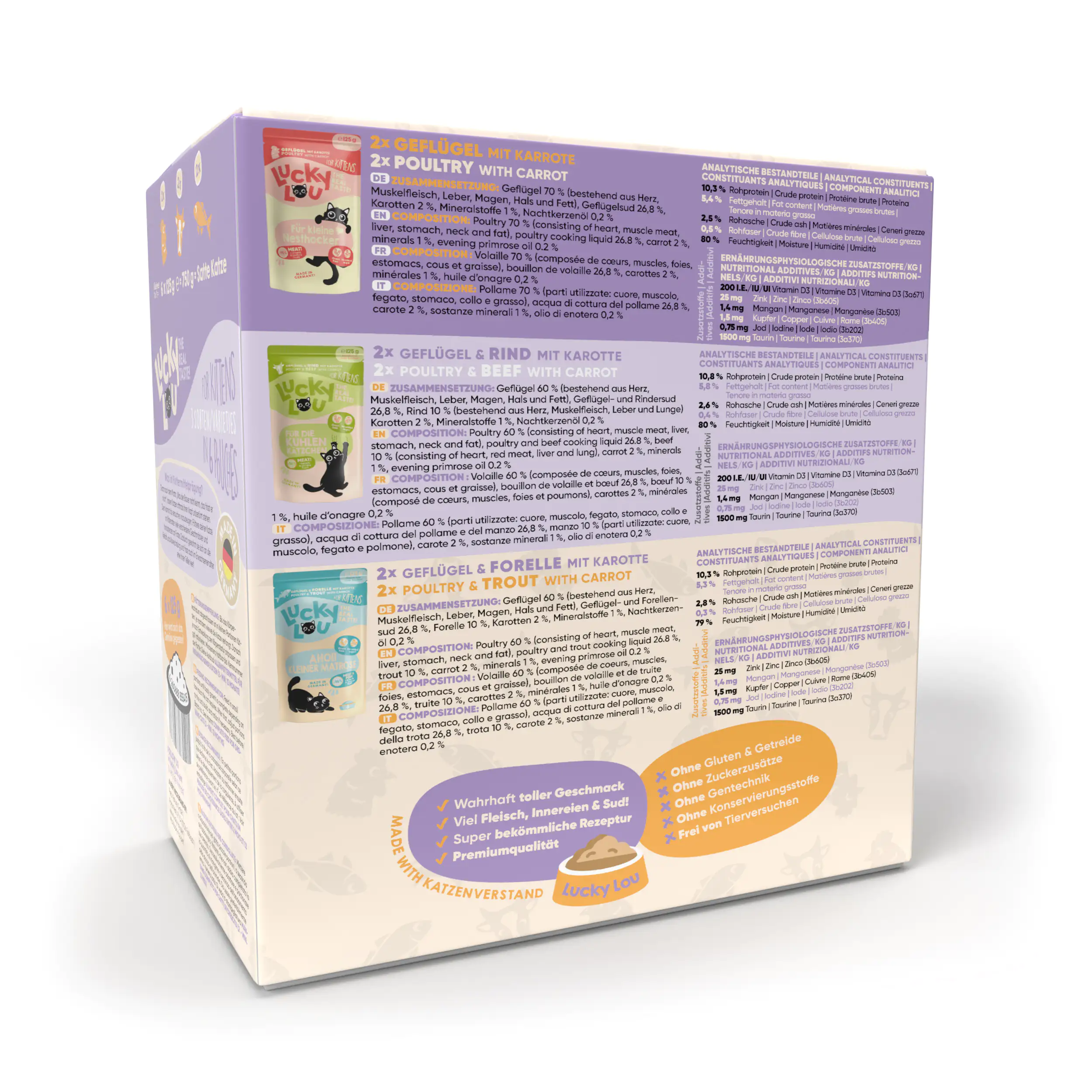 Lucky Lou Kittenfutter Geflügel, Rind, Forelle 6 x 125 g 