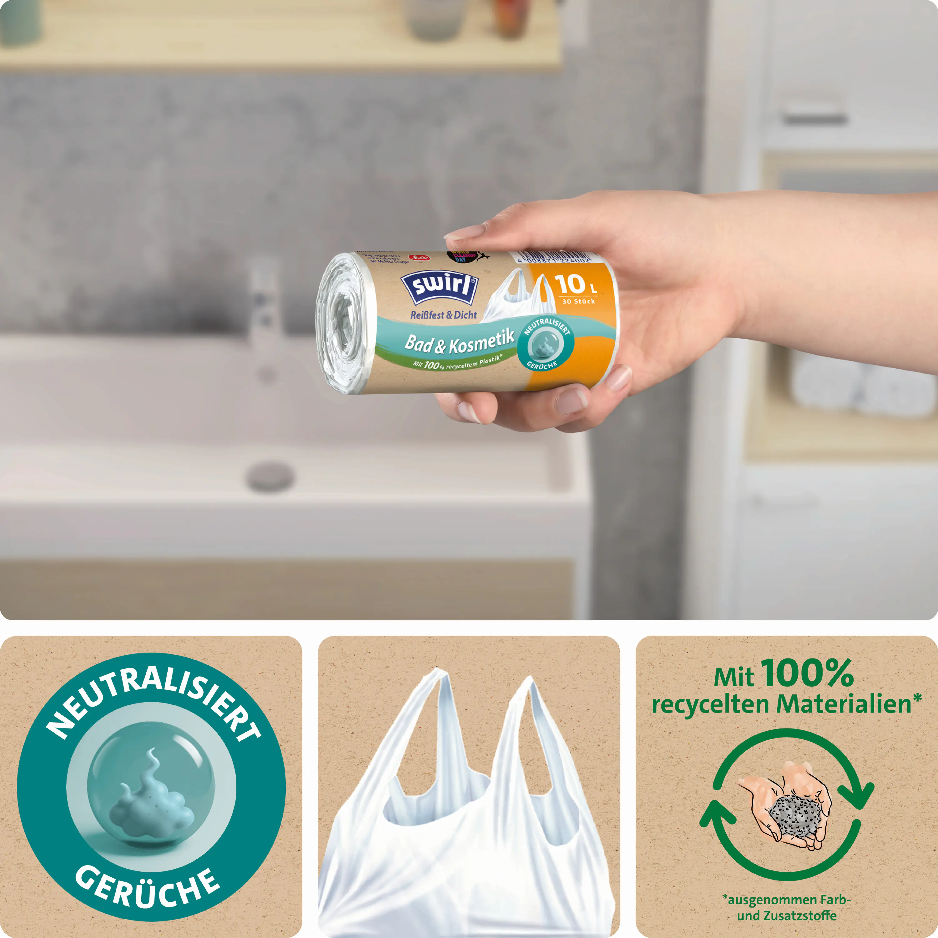Swirl® 10 l Tragegriff-Müllbeutel Bad & Kosmetik Reißfest & Dicht
