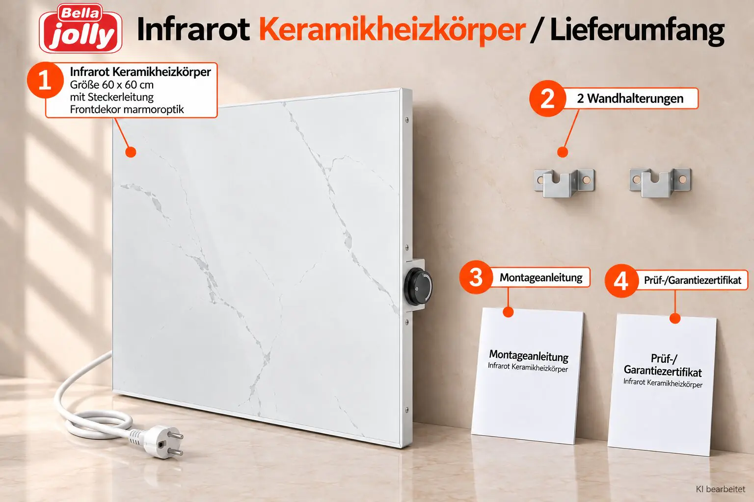 Bella Jolly Infrarot Keramik-Heizkörper 60 cm x 60 cm, 440 Watt mamoroptik 