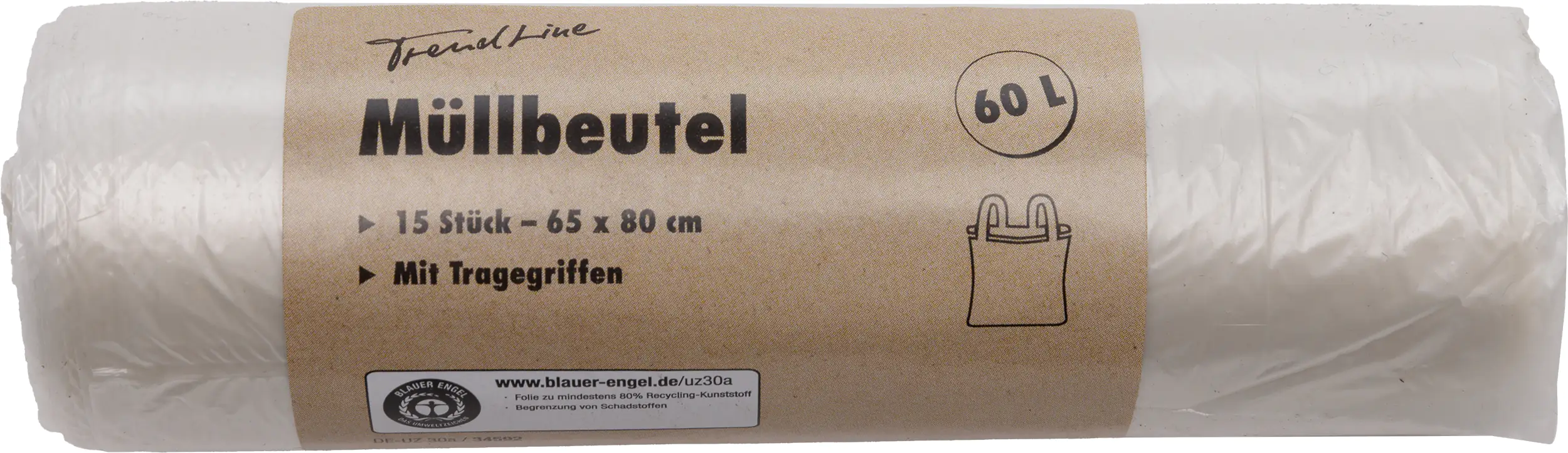 Trendline Müllbeutel 60 L, transparent+Tragegriff, 15 Stück
