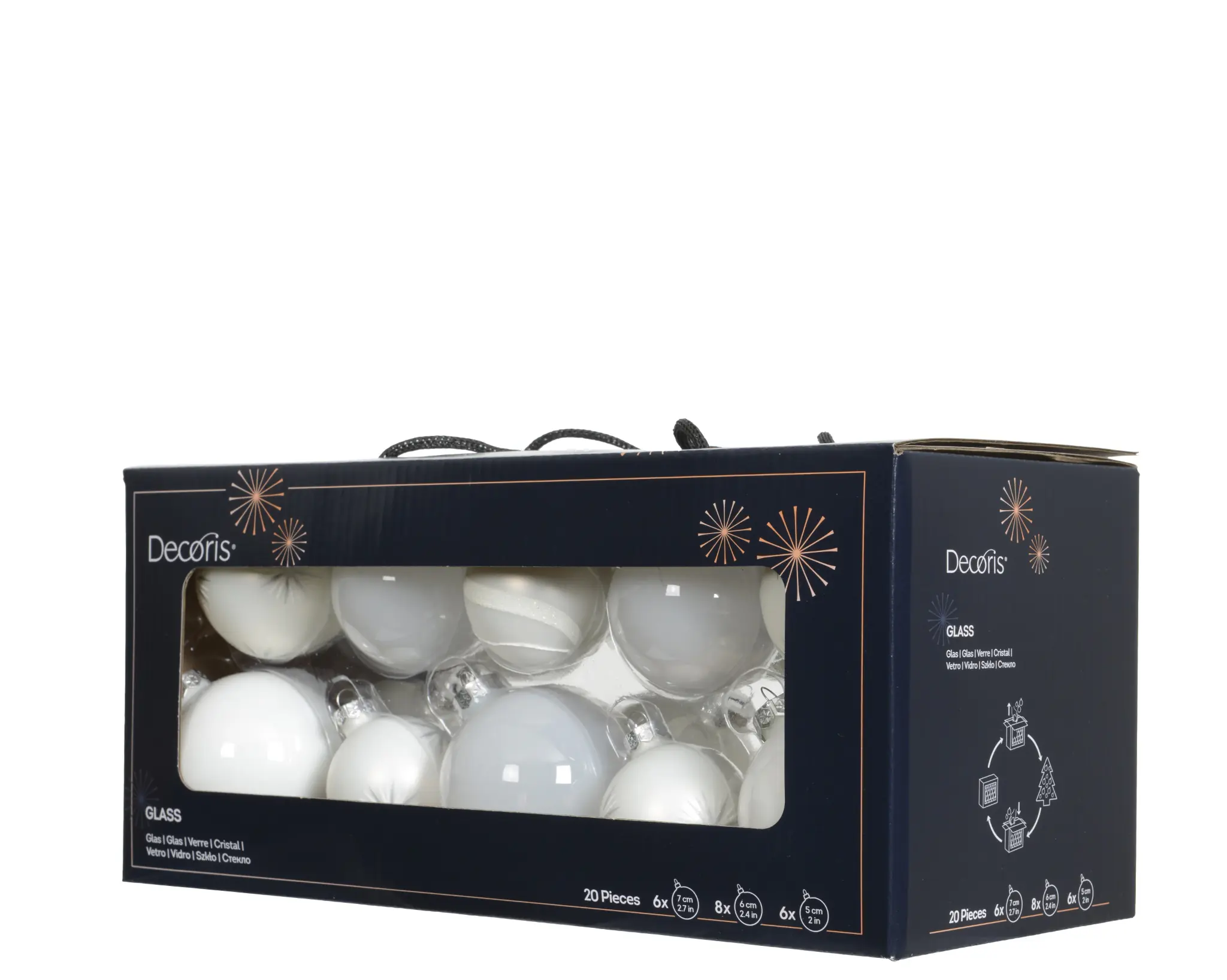 Decoris Weihnachtskugeln aus Glas Ø 5, 6, 7 cm winterweiß 20 Stück