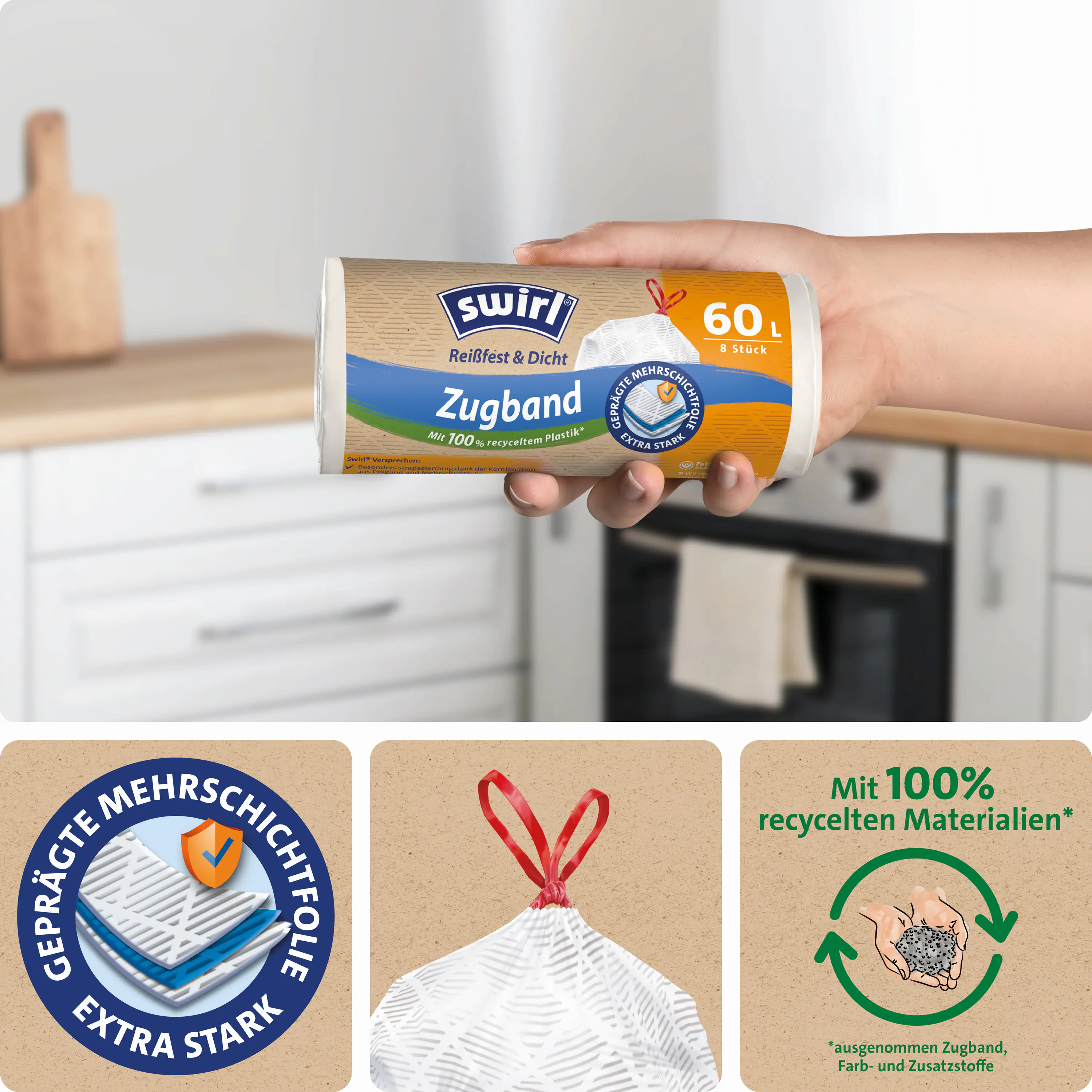 Swirl® 60 l Zugband- Müllbeutel  Reißfest & Dicht