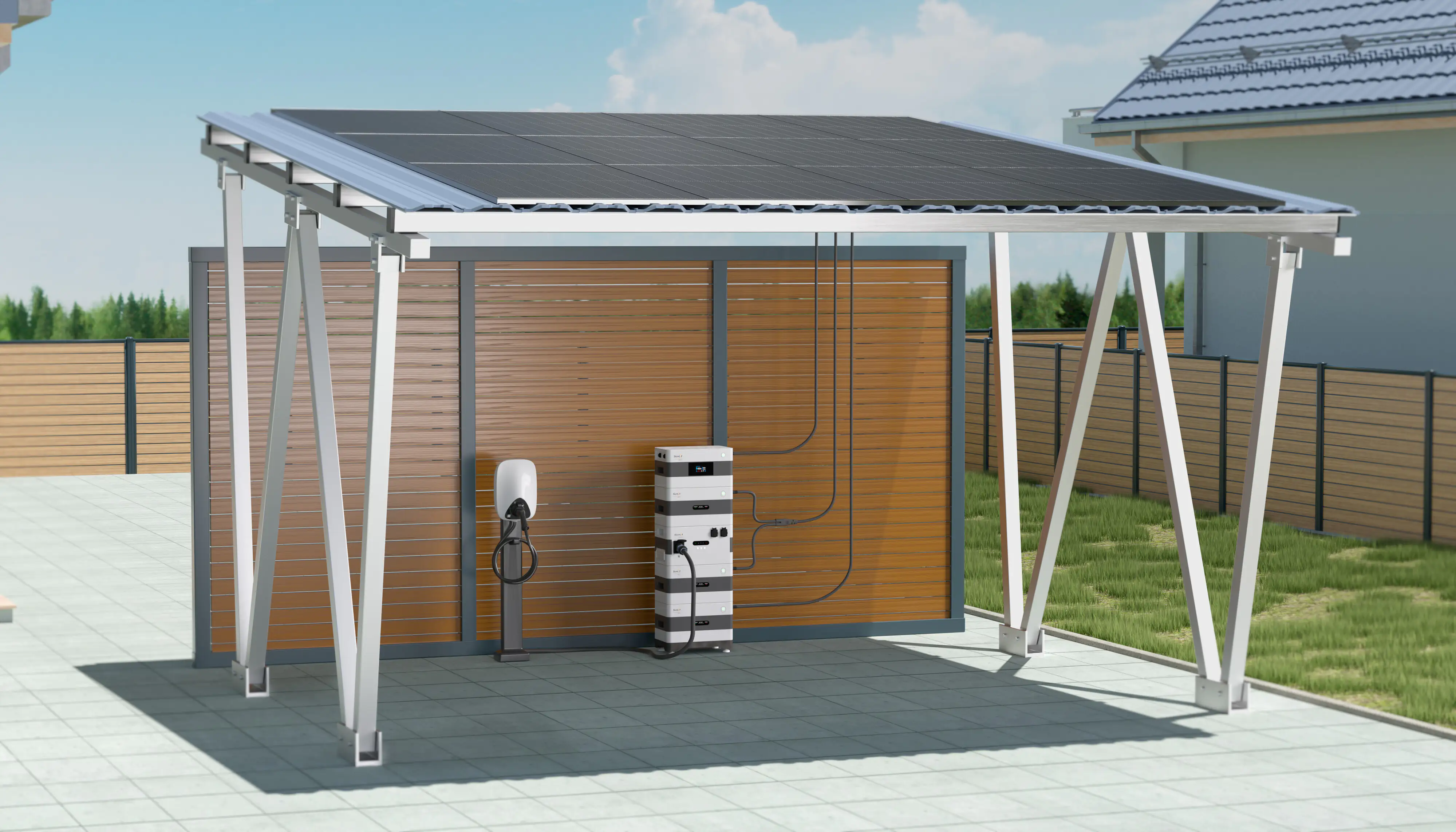 Sunlit Twin Solar Carport 12 Solarmodule, 8,6 kWh Speicher, Wallbox Sunlit Twin Solar Carport 12 Solarmodule, 8,6 kWh Speicher, Wallbox