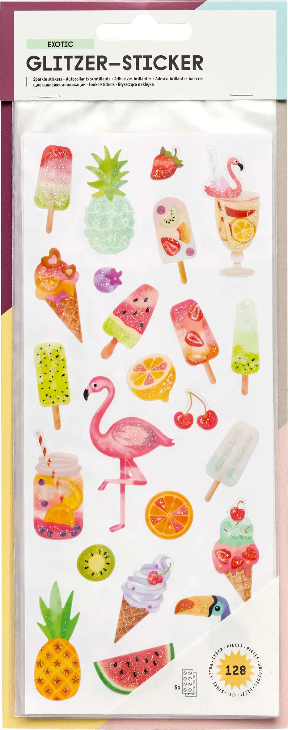 Glitzer Sticker Exotic 10 x 23 cm 5 Blatt, Motive sortiert