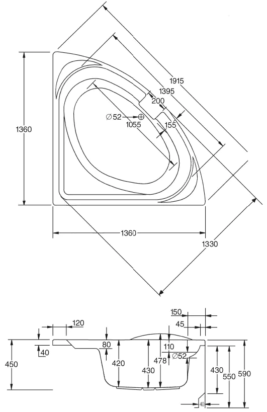 Ottofond Whirlpool-System Laguna 136 cm, Typ 1