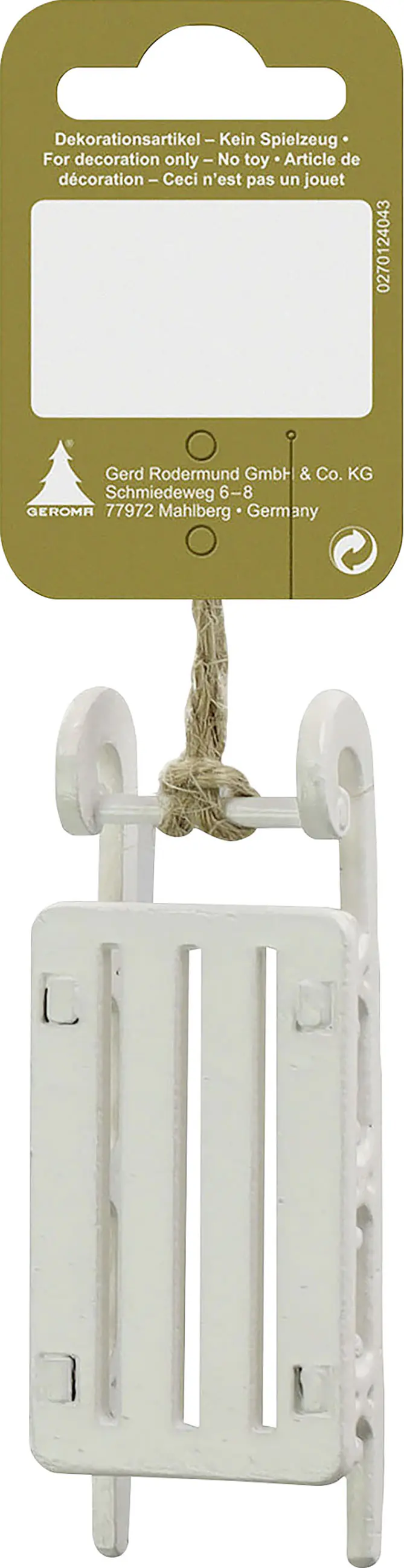 Dekohänger Schlitten Holz 8 x 3 cm weiß 