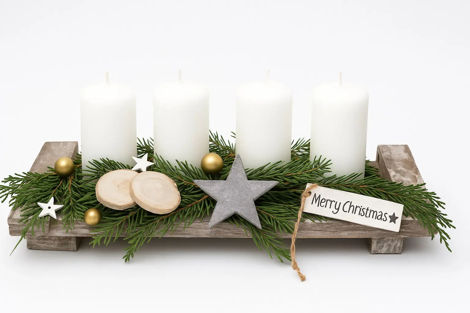 Adventsgesteck mit weißen Kerzen L 40 x B 14 cm