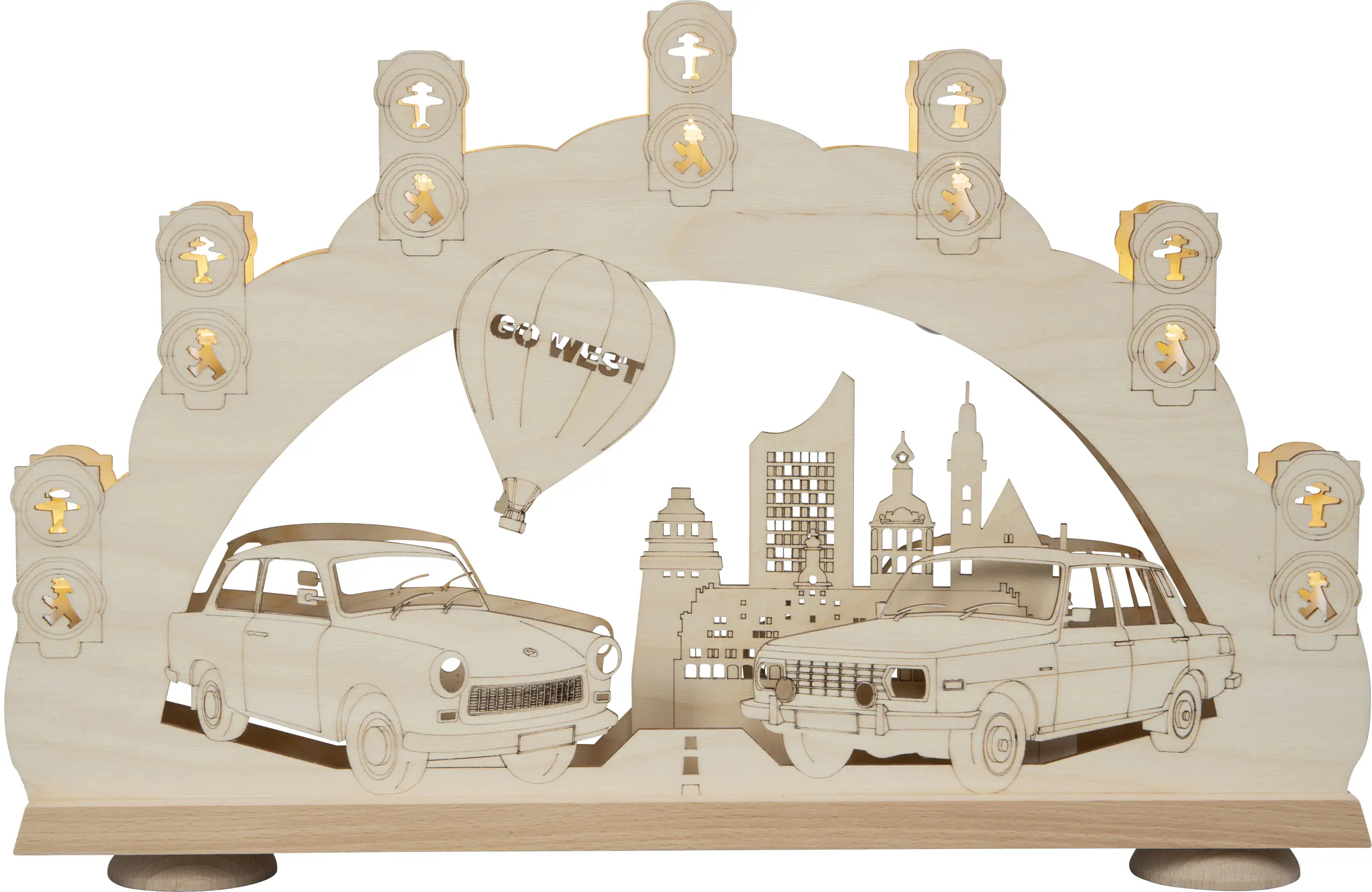 Saico Lichterbogen LED 3D Trabant und Wartburg Holz 52 cm warmweiß natur