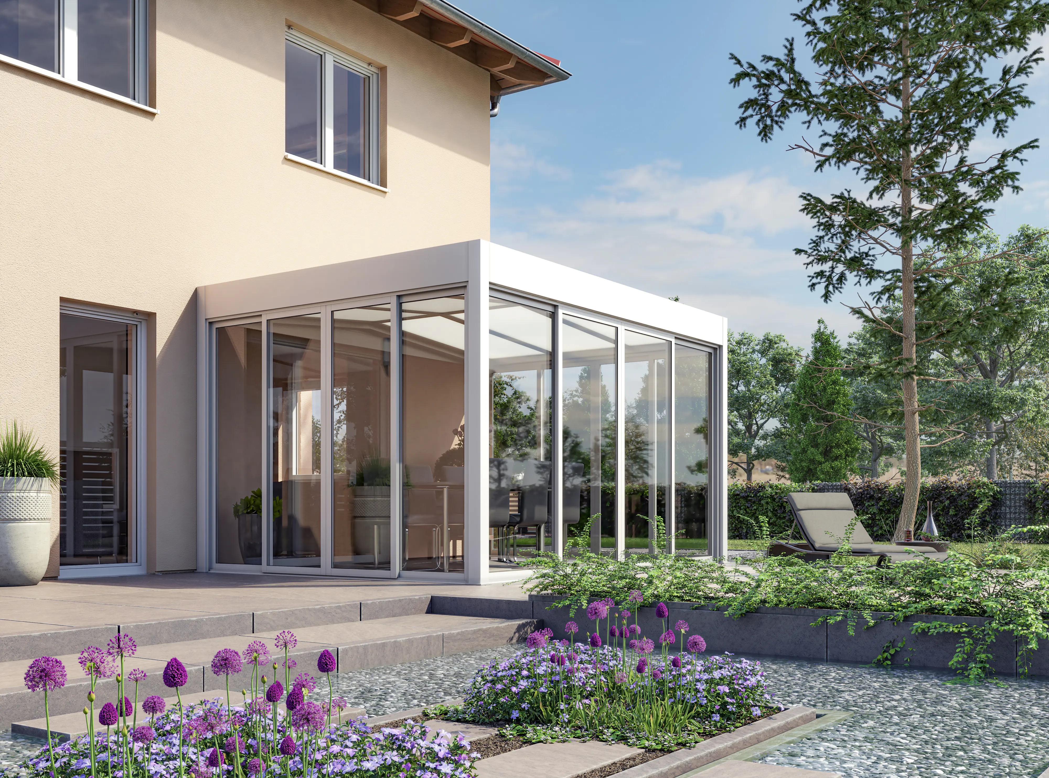 Wintergarten Modern 400 x 300 cm mit Glasschiebetüren weiß