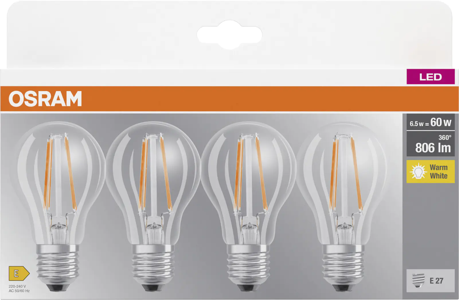Osram LED Leuchtmittel Base Klassik A60 6,5W, 806lm, 2700K, warmweiß, 4er Pack Osram LED Leuchtmittel Base Klassik A60 6,5W, 806lm, 2700K, warmweiß, 4er Pack