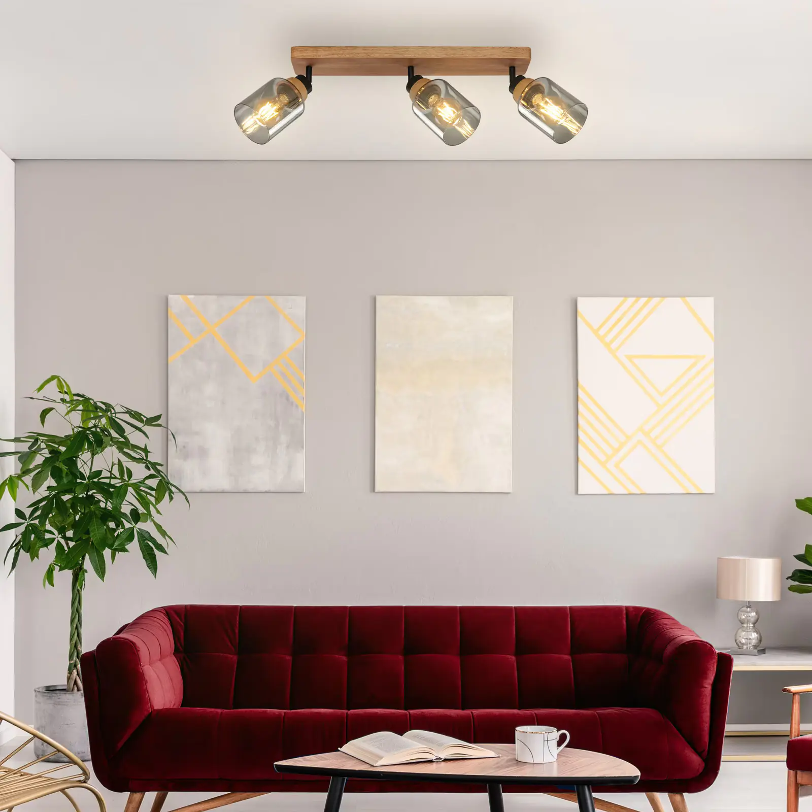 Briloner Spotleuchte mit Holz, Rauchglas 3xE27