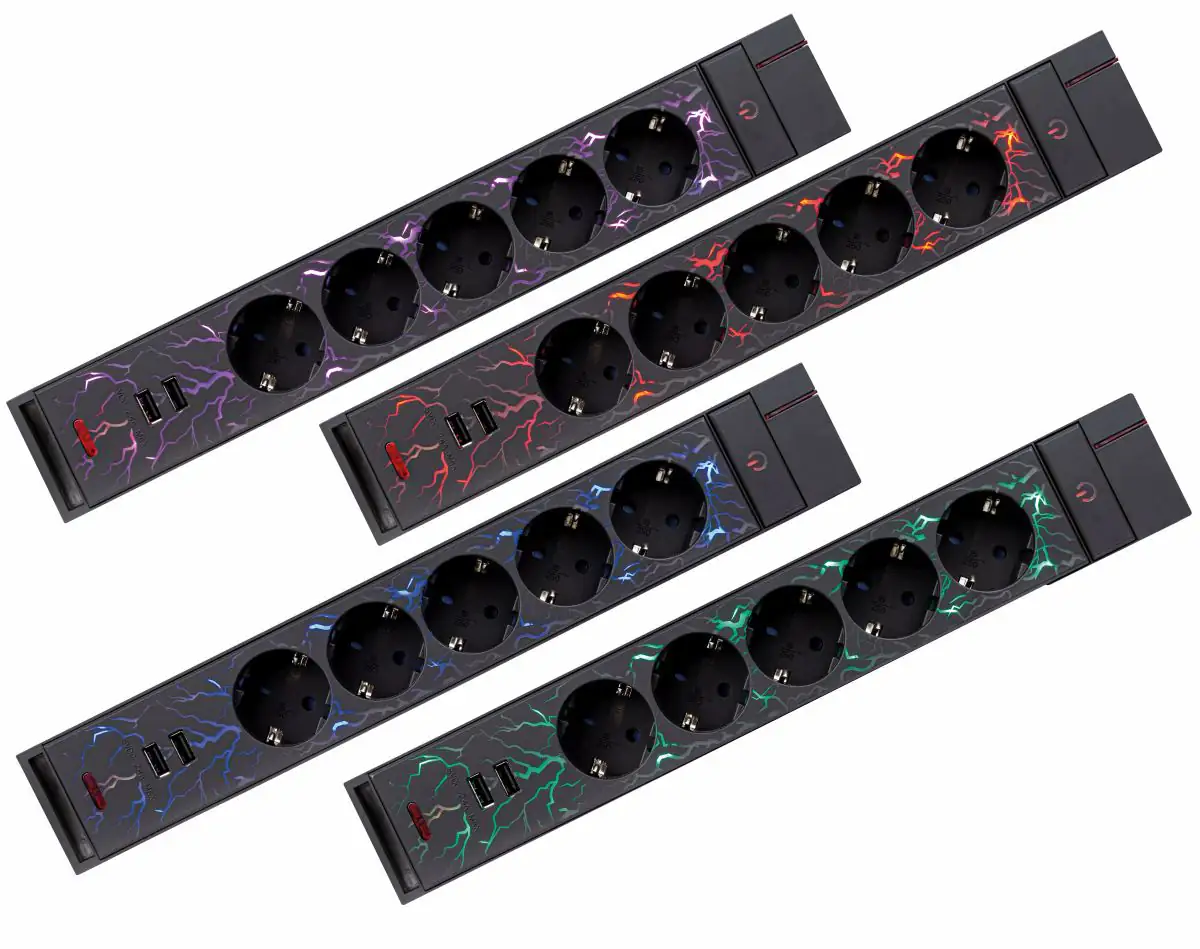 REV Gaming LED Steckdosenleiste 5fach 1,4 m mit 2 USB-Ports, Farbwechsel