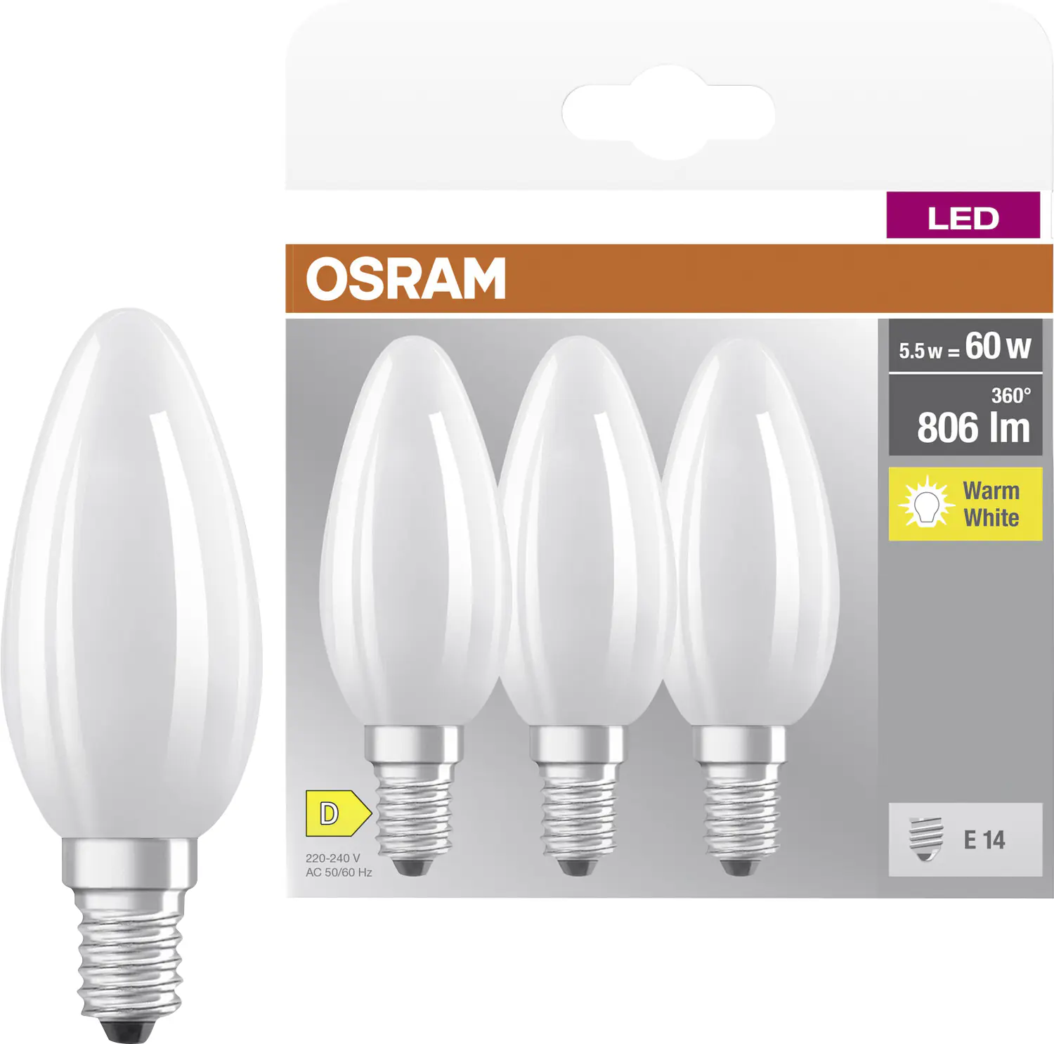 Osram LED Kerzenlampe E14 5,5 W warmweiß weiß matt
