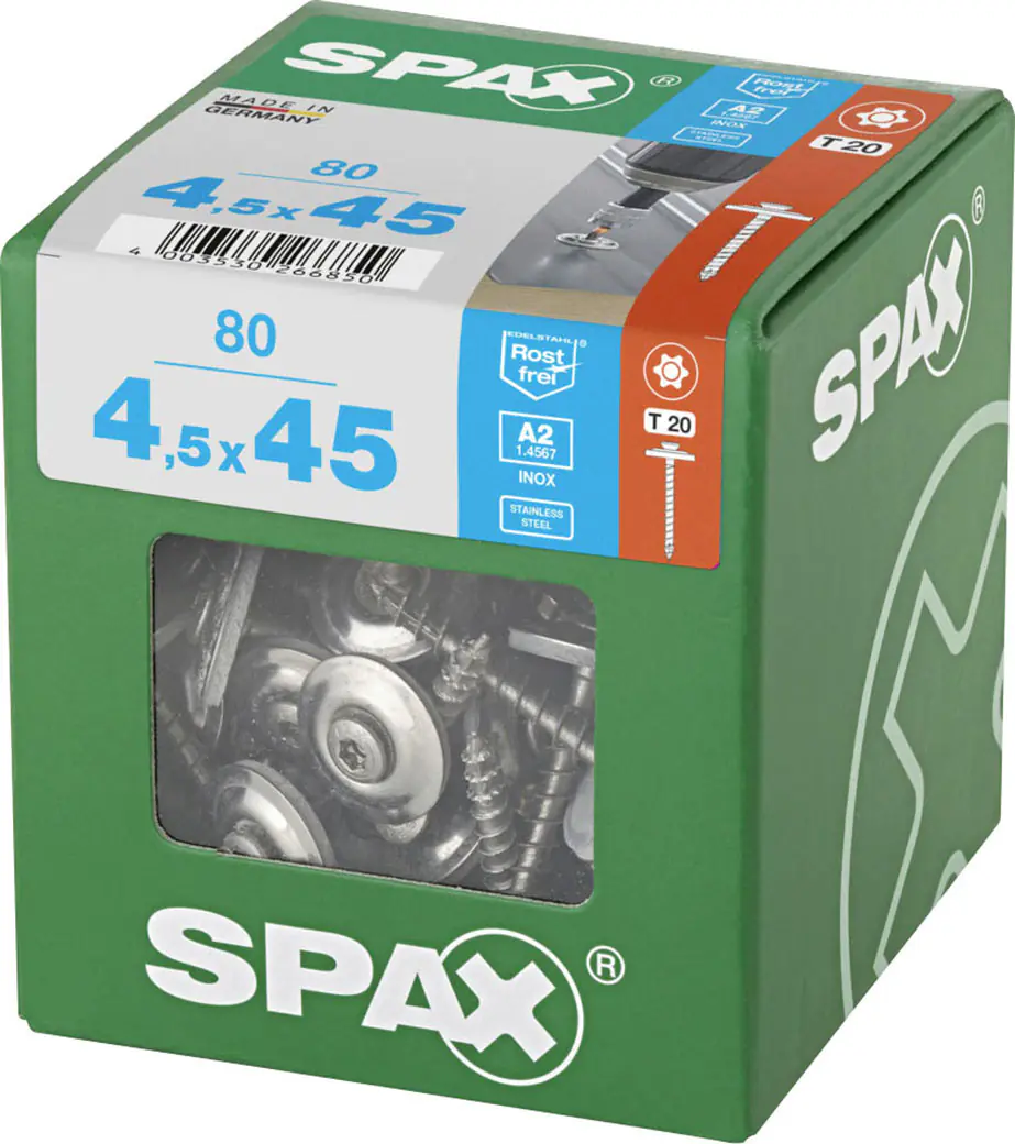 Spax Spenglerschrauben 4,5 x 45 mm T20 Vollgewinde - 80 Stk.  Spax Spenglerschrauben 4,5 x 45 mm T20 Vollgewinde - 80 Stk.