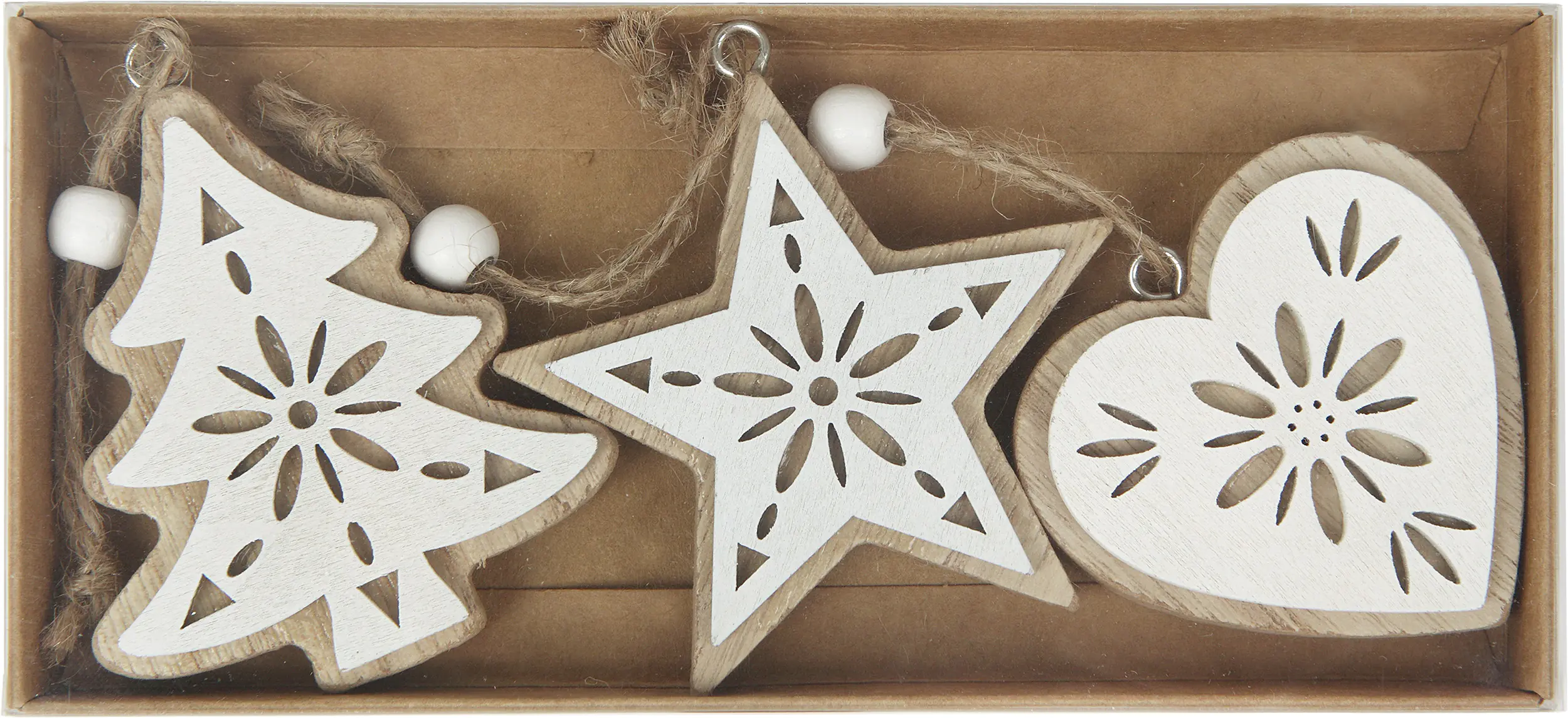 TrendLine Set aus 3 Holzbäumen, Sternen, Herzen zum Aufhängen 5, 8, 7 cm