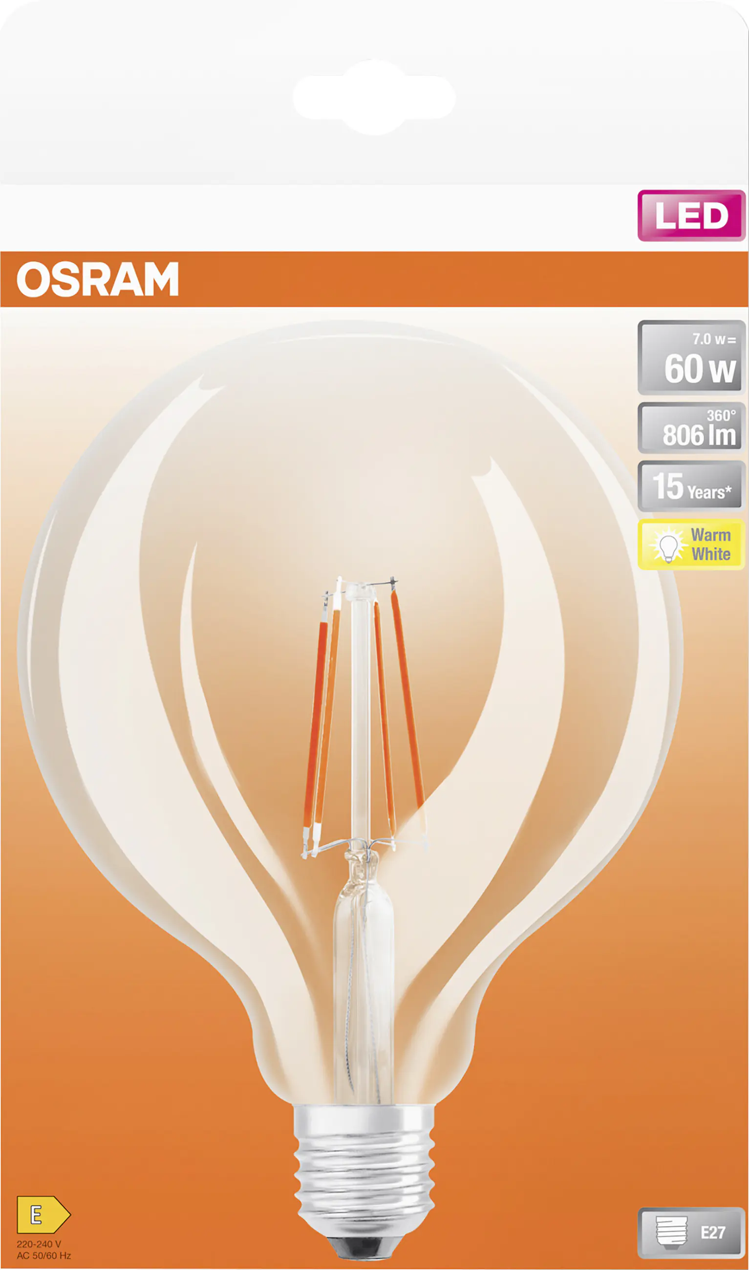 Osram LED Leuchtmittel Globe 125 E27 7 W warmweiß klar