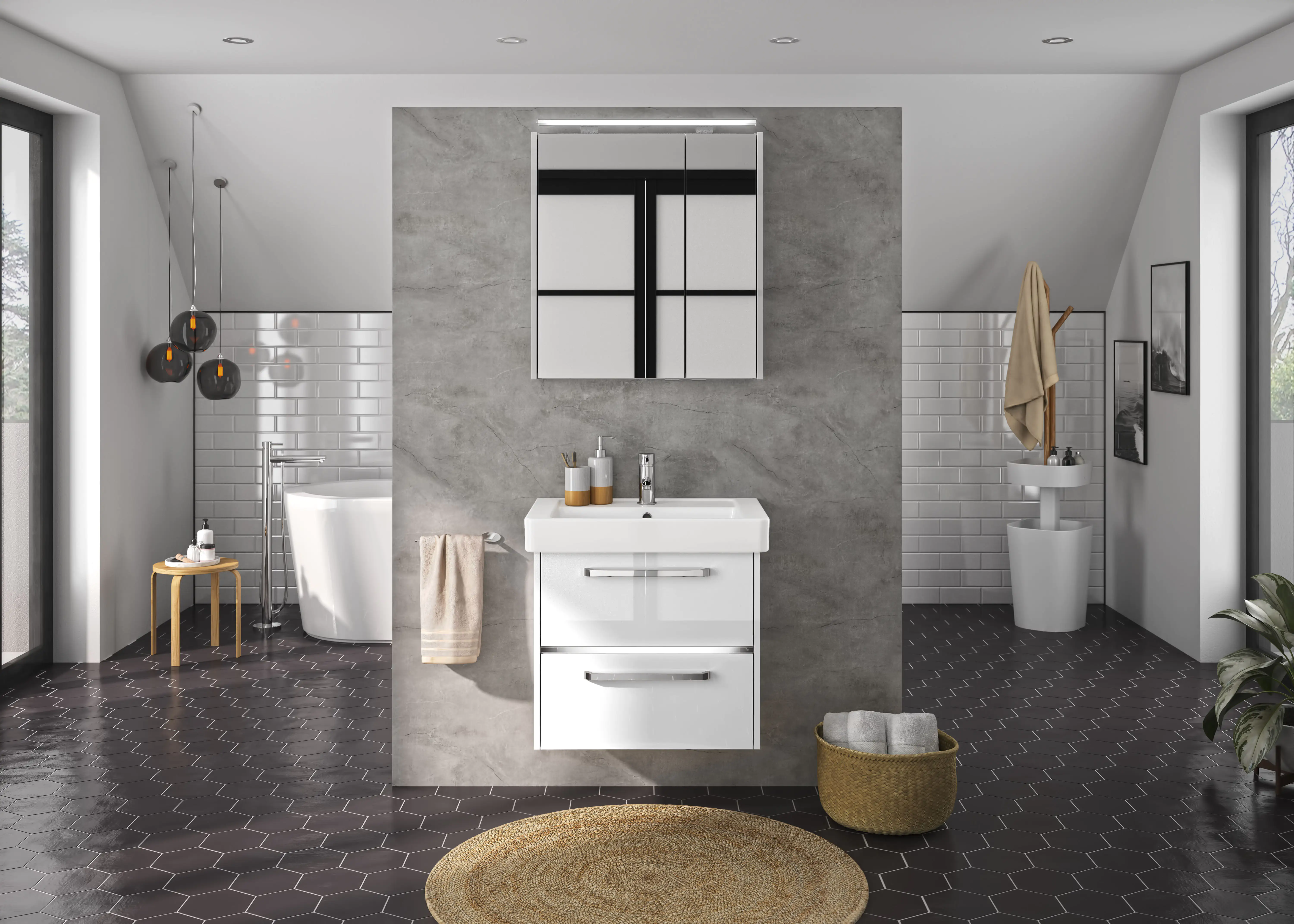 Primaster Badmöbel-Set Berlin weiß 65 cm LED-Leuchten Keramikwaschtisch