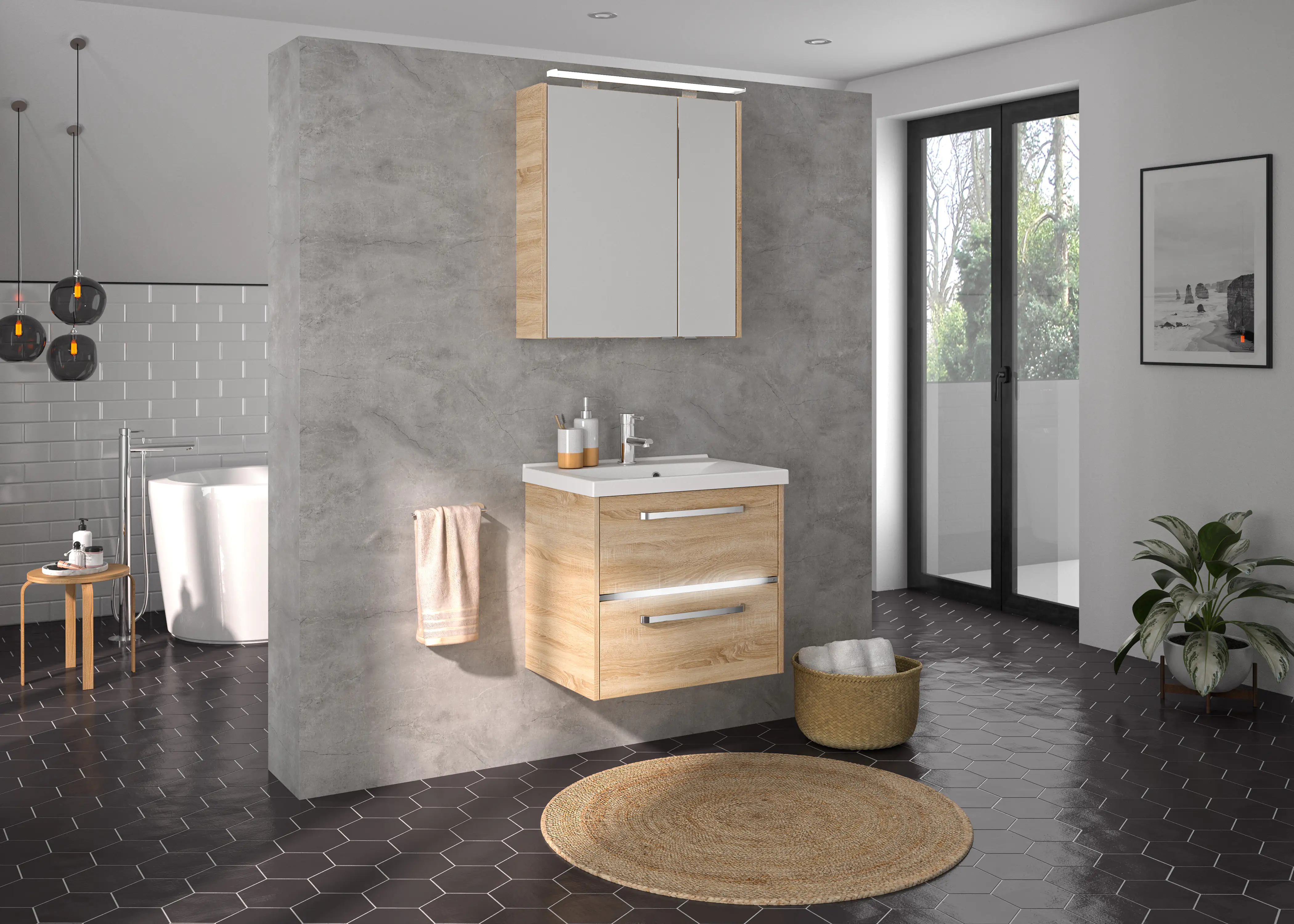 Primaster Badmöbelset Berlin eiche 65 cm LED-Leuchten, Mineralgusswaschtisch