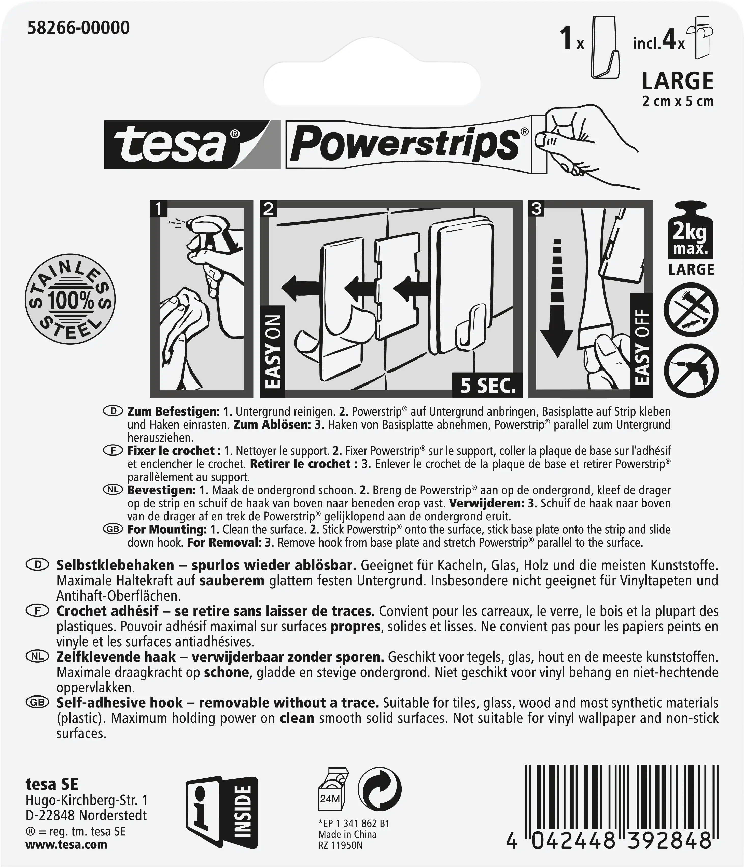 tesa Powerstrips Haken Large rechteckig, Edelstahl