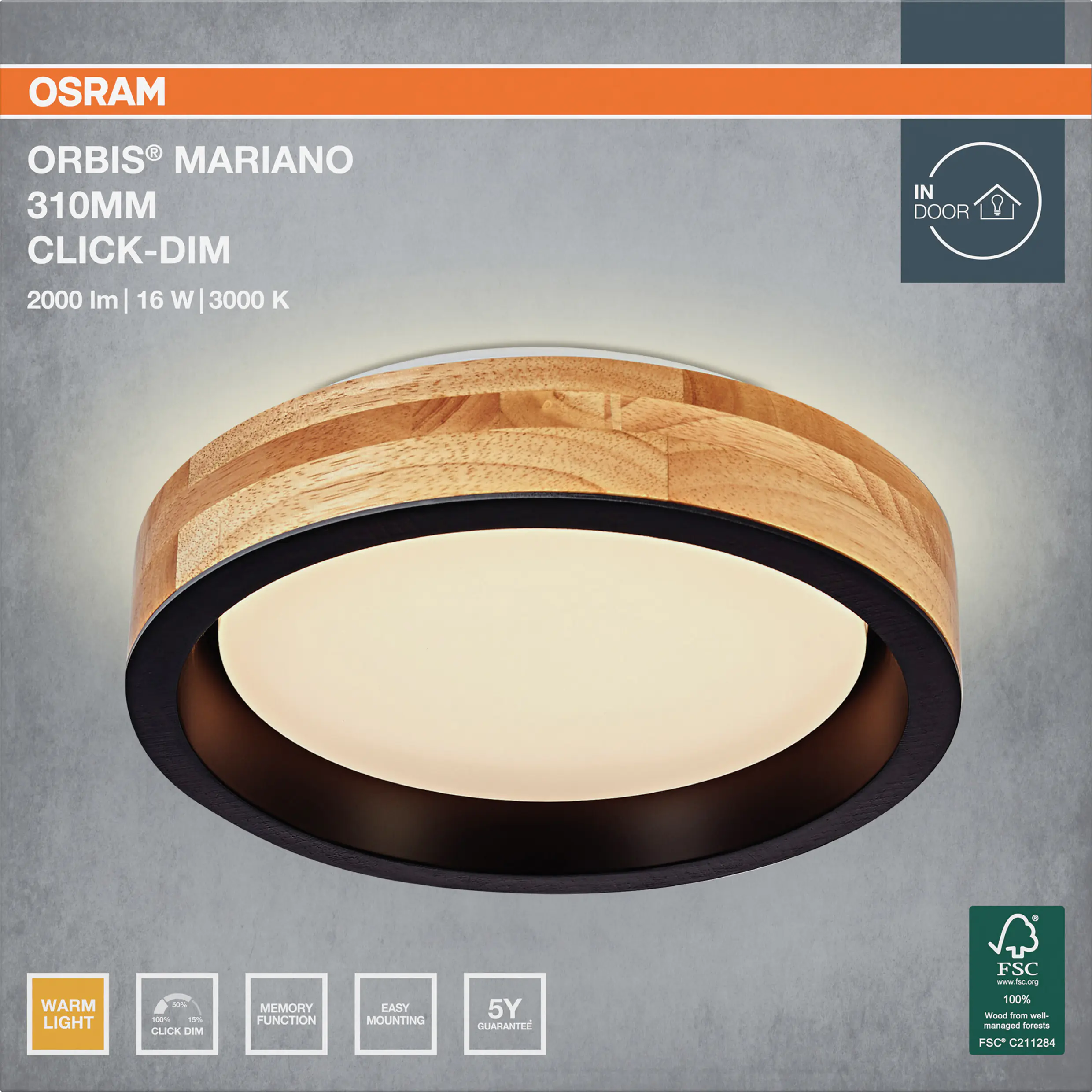 Osram LED-Deckenleuchte Orbis MarianoØ 31 cm 16 W Holzdekor schwarz dimmbar