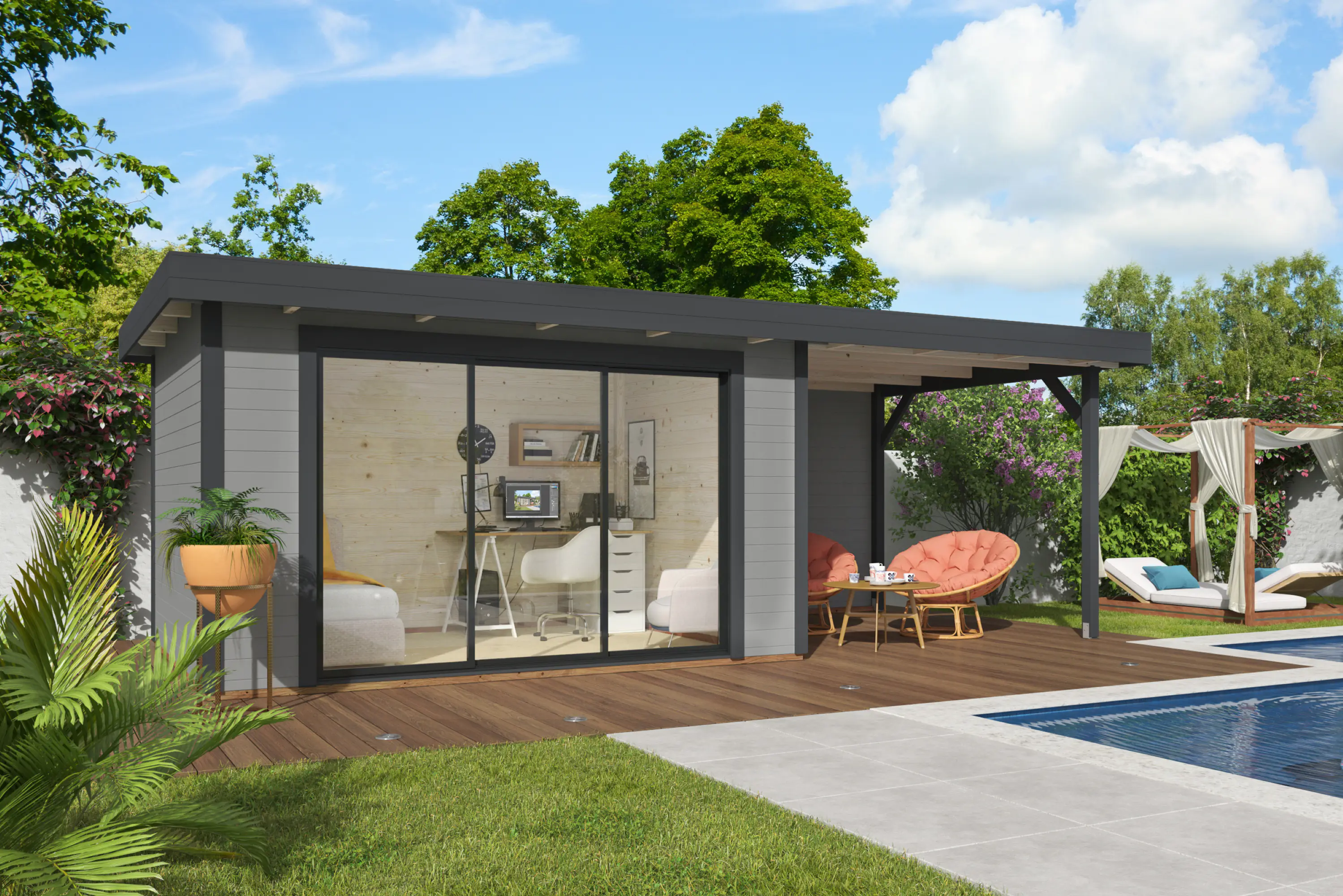 Palmako Gartenhaus Lydia 663 x 291 cm mit Glasschiebetüren grau lackiert Palmako Gartenhaus Lydia 663 x 291 cm mit Glasschiebetüren grau lackiert