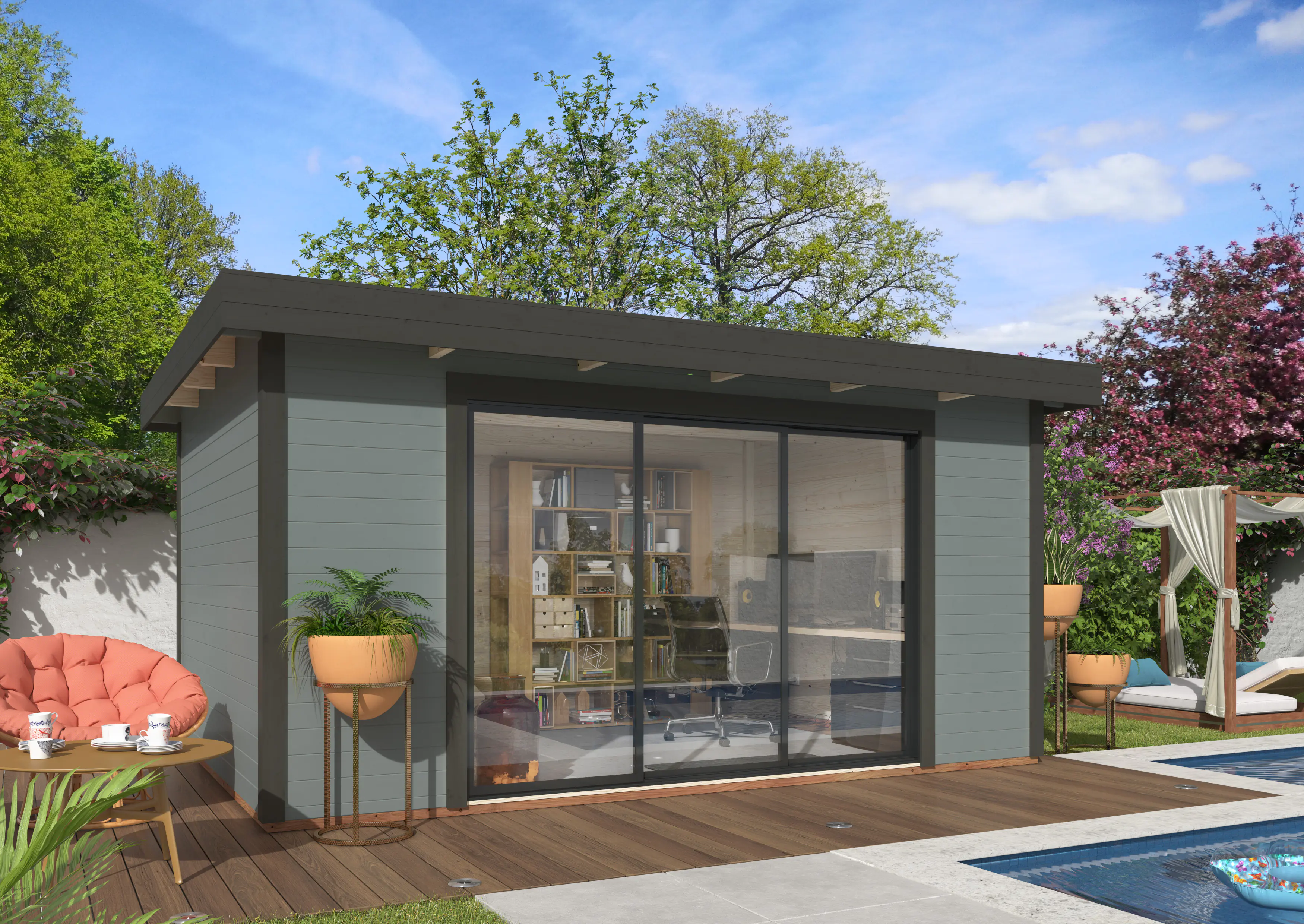 Palmako Gartenhaus Lydia 450 x 330 cm mit Glasschiebetüren grau lackiert Palmako Gartenhaus Lydia 450 x 330 cm mit Glasschiebetüren grau lackiert