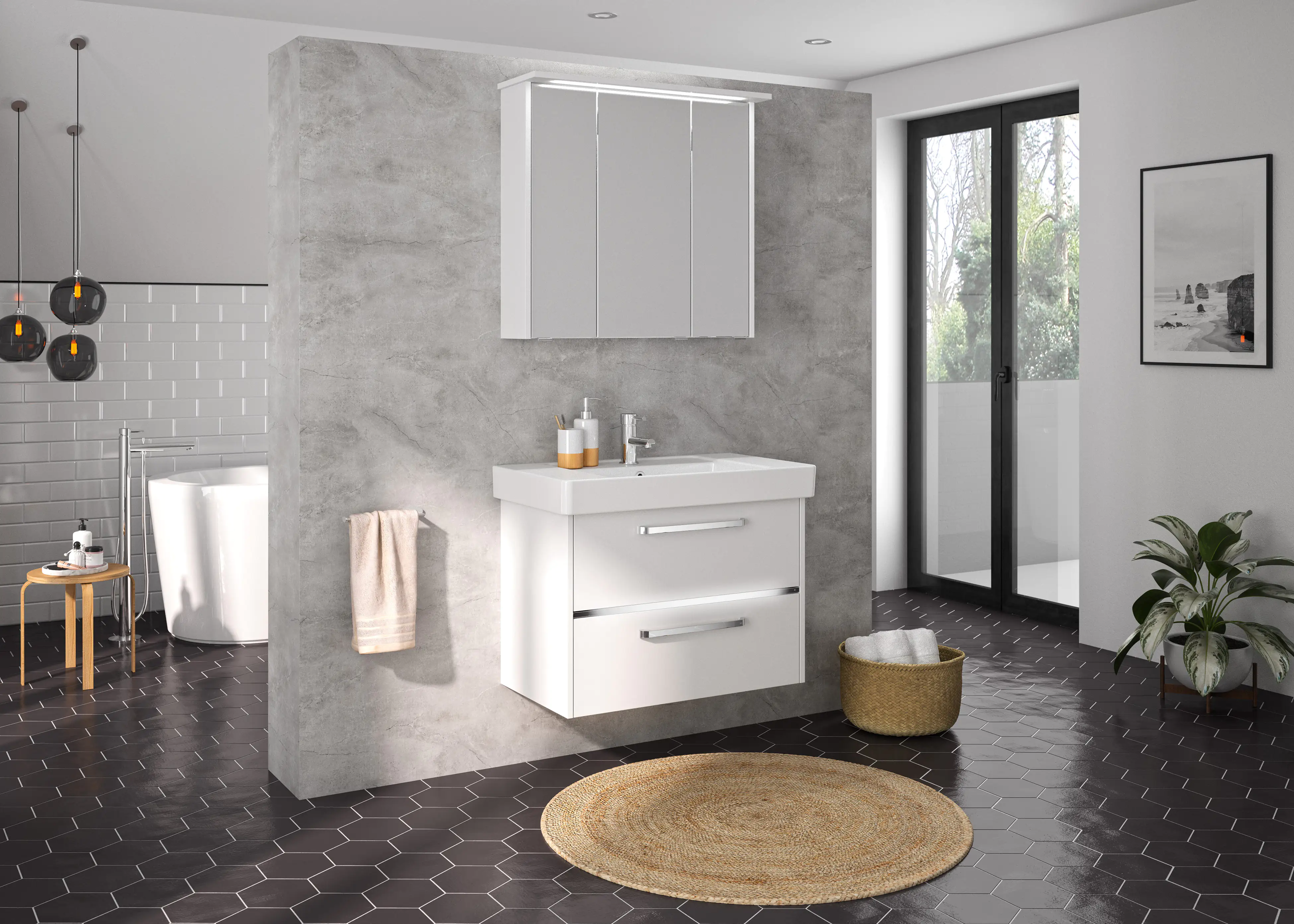 Primaster Badmöbel-Set Berlin weiß 80 cm Twin LED, Keramikwaschtisch