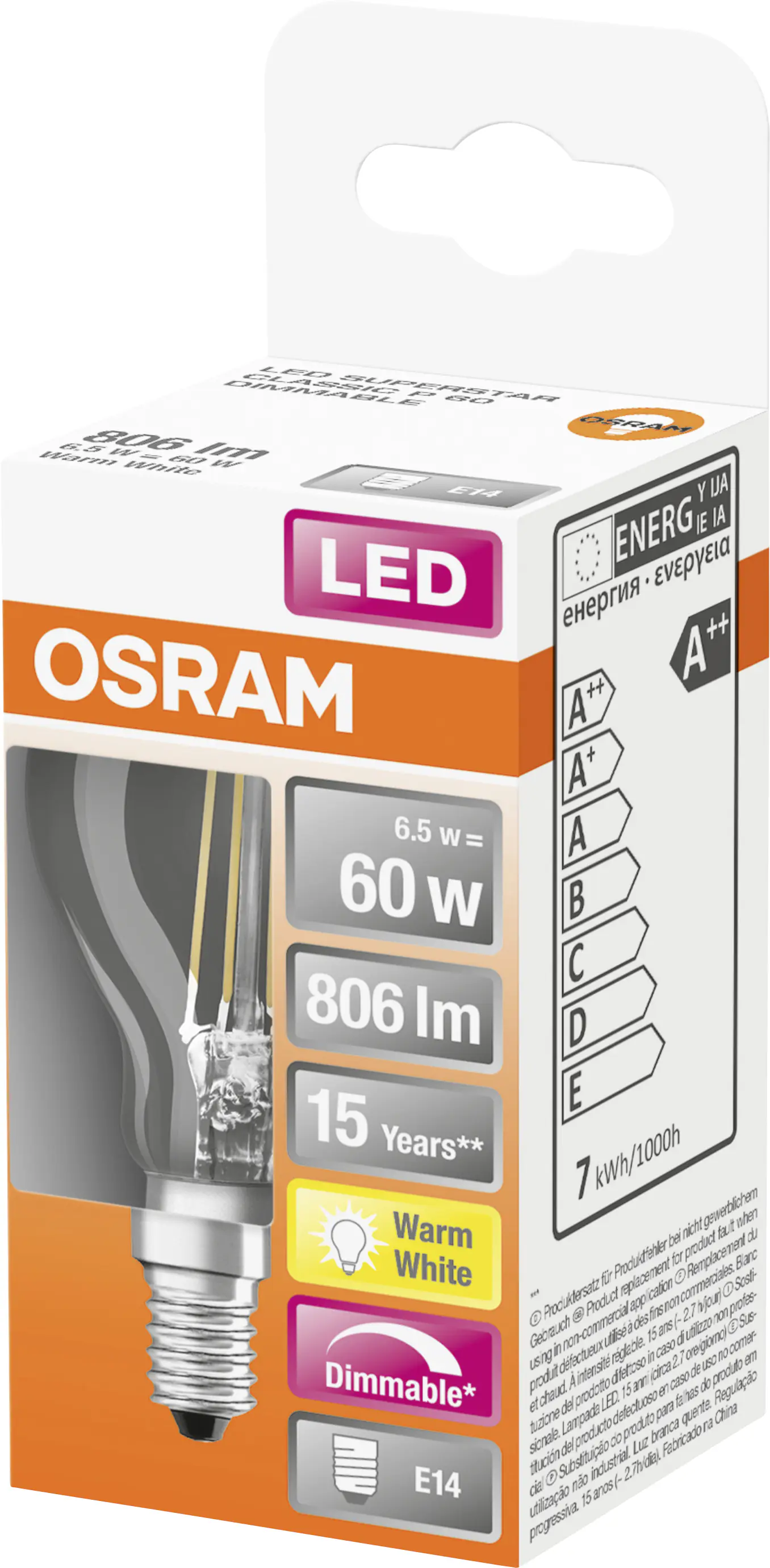 Osram LED Leuchtmittel Superstar Classic E14 5,5W warmweiß, dimmbar, klar