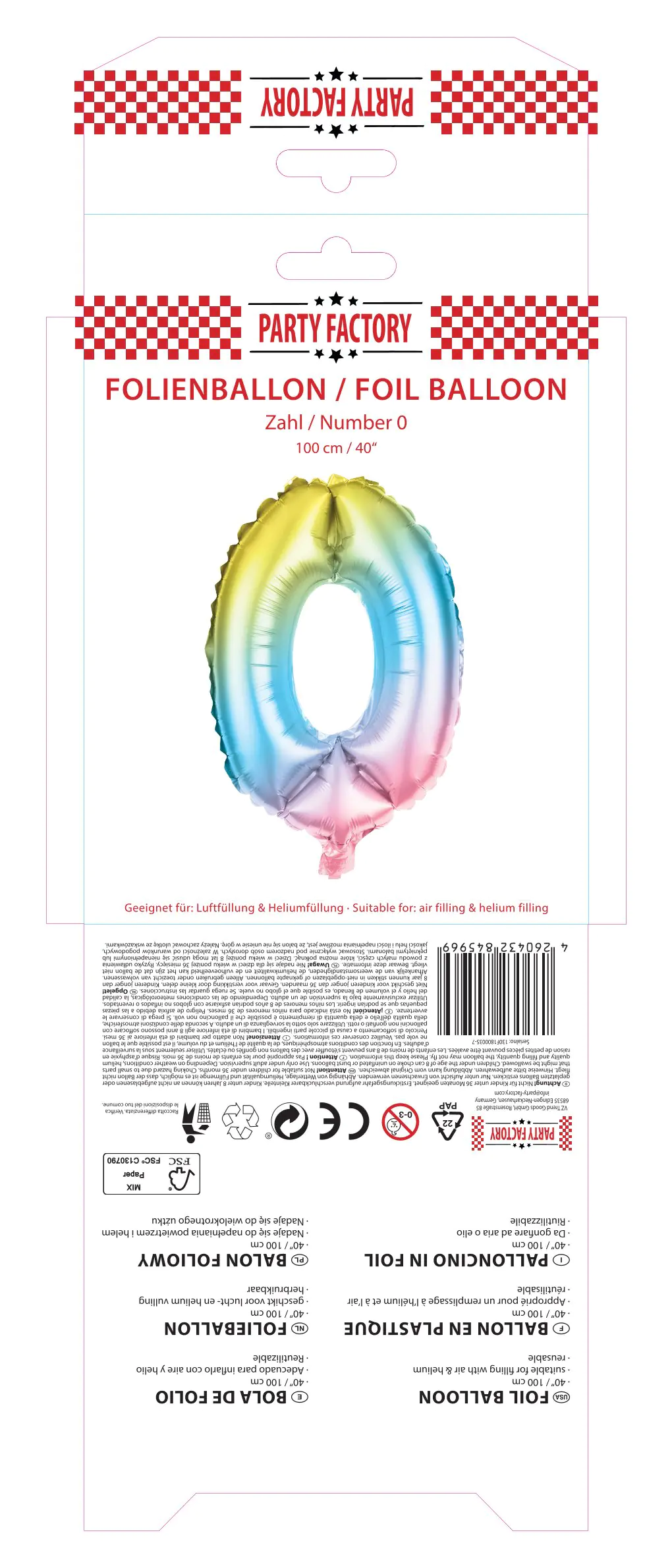 Folienballon Zahl 0 bunt 100 cm